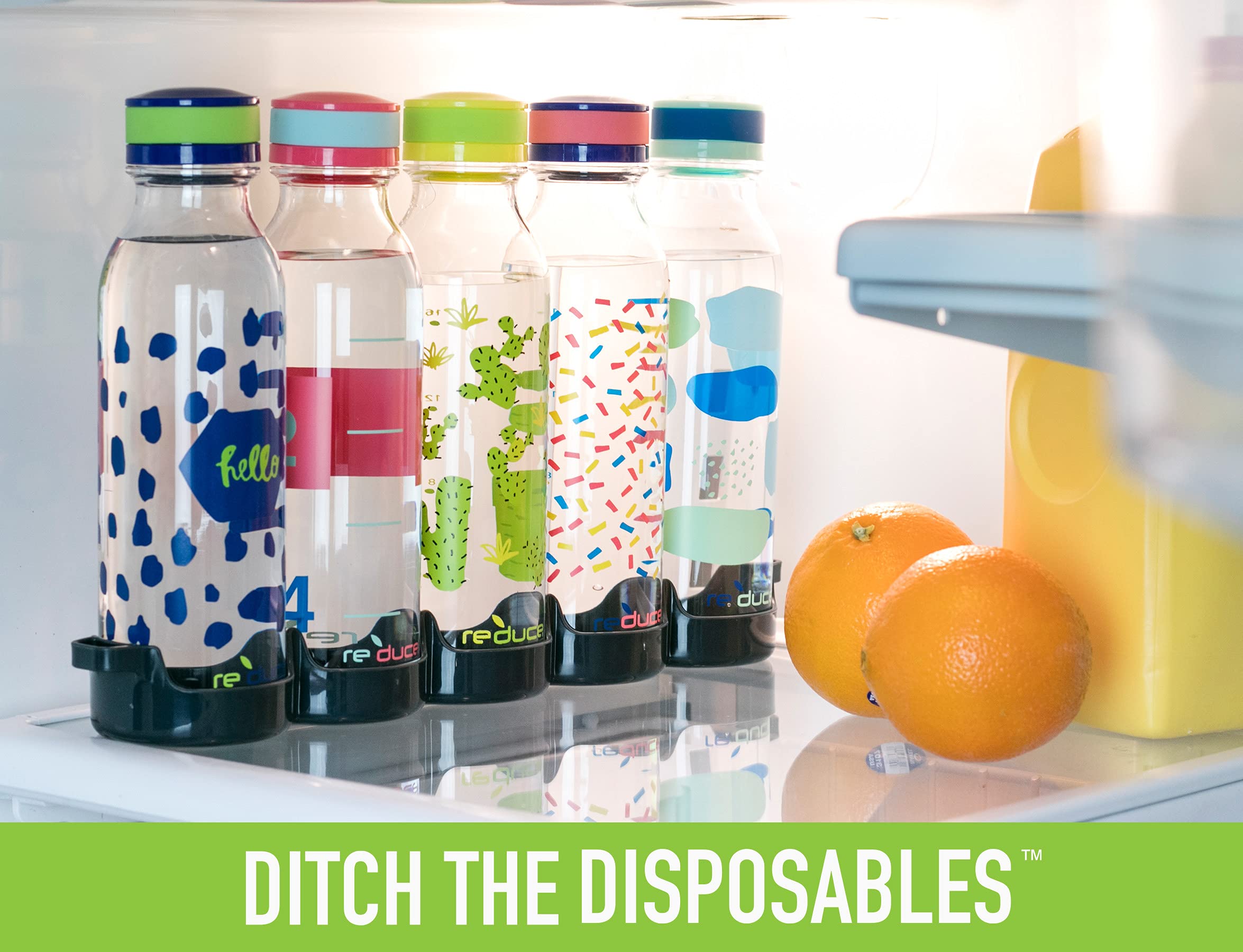REDUCE WaterWeek 14 oz Refillable Tritan Plastic Water Bottles - 5 Pack Leak Proof BPA-Free Water Bottles with Fridge Storage Tray - Perfect for School, Gym, Office, Travel & Home Use - Reusable Sports Drink Bottles for Kids & Adults