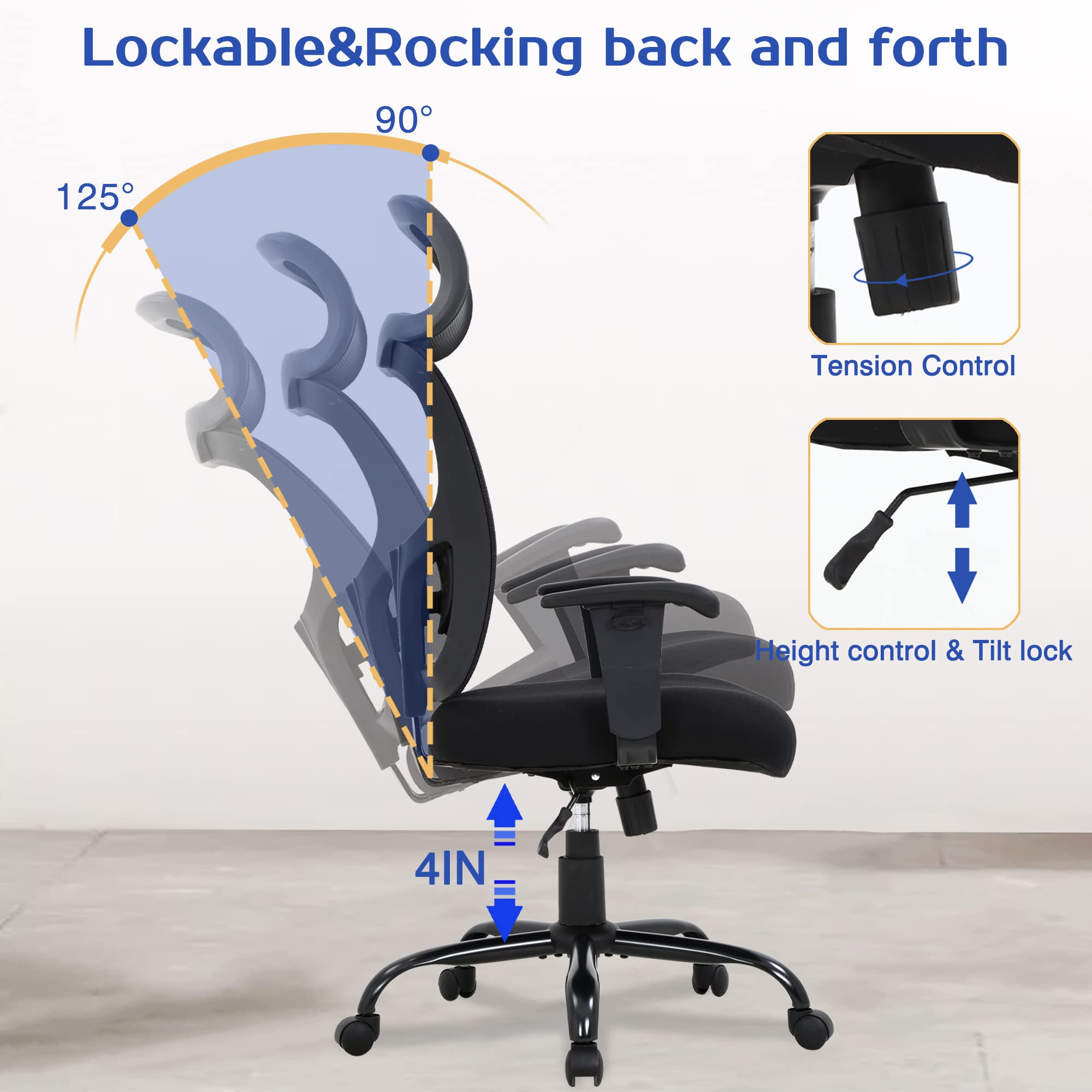 Big and Tall Office Chair - Heavy Duty 400lbs Capacity Ergonomic Executive Desk Chair with Adjustable Lumbar Support, Headrest & Armrests - High Back Mesh Computer Chair for Home & Office Workspaces (Black)