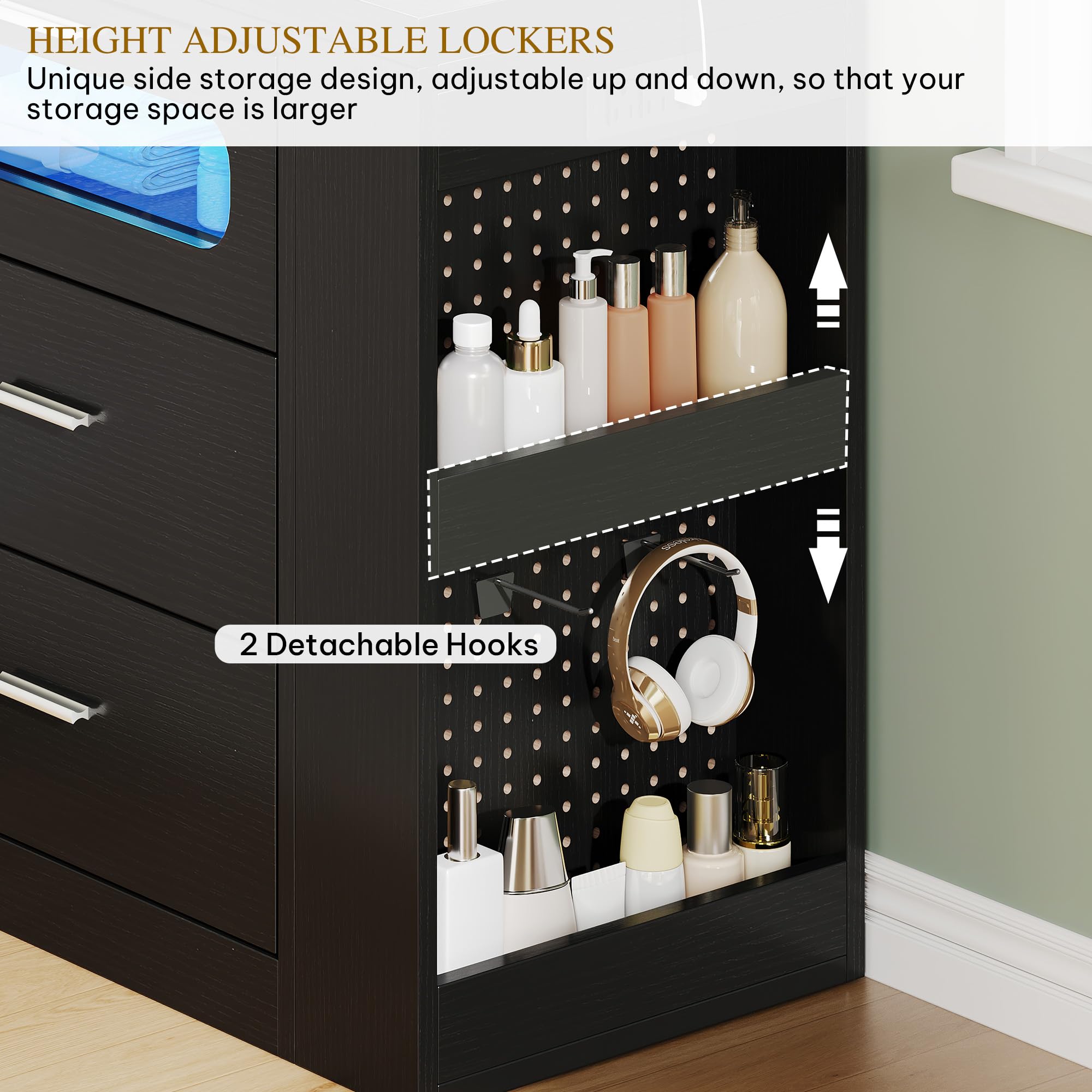 DWVO Vanity Table with RGB Lights - 360° Rotatable LED Makeup Dresser with 6 Drawers, Storage Cabinet & USB Charging Station | Modern Bedroom Vanity Desk & Executive Computer Workspace Desk in Black | Perfect for Makeup Organization, Home Office & Small Space Decor