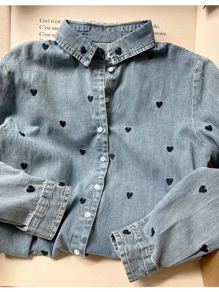 Women's Heart Embroidery Denim Shirt - Turn Down Collar Long Sleeve Blouse for Valentine's Day Gifts | Casual Wear, Date Night Outfit, Romantic Occasion Fashion
