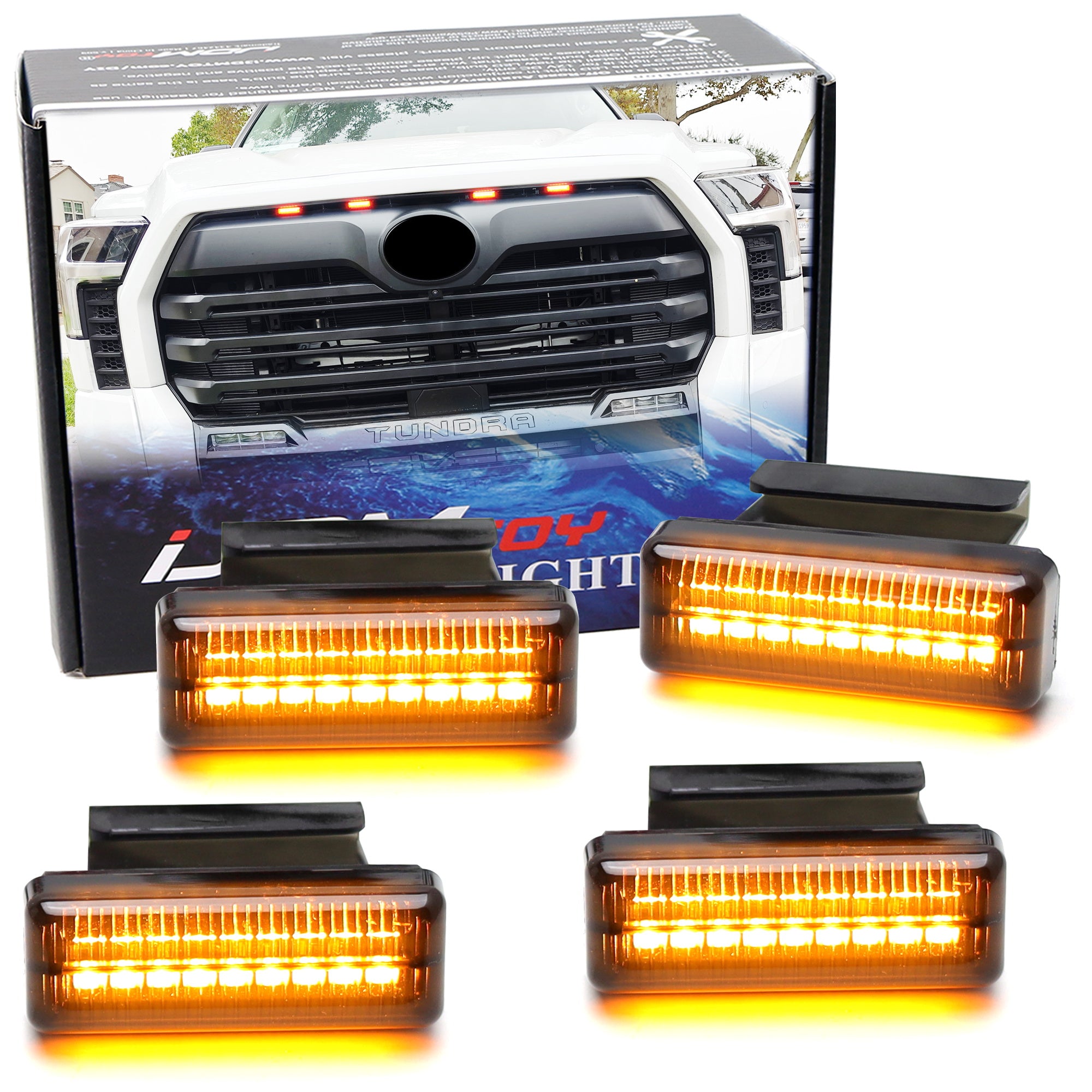 4-Piece Smoked Lens Amber Full LED Grille Accent Lighting Kit for 2022+ Toyota Tundra - Off-Road Style Upgrade & Nighttime Visibility Enhancement