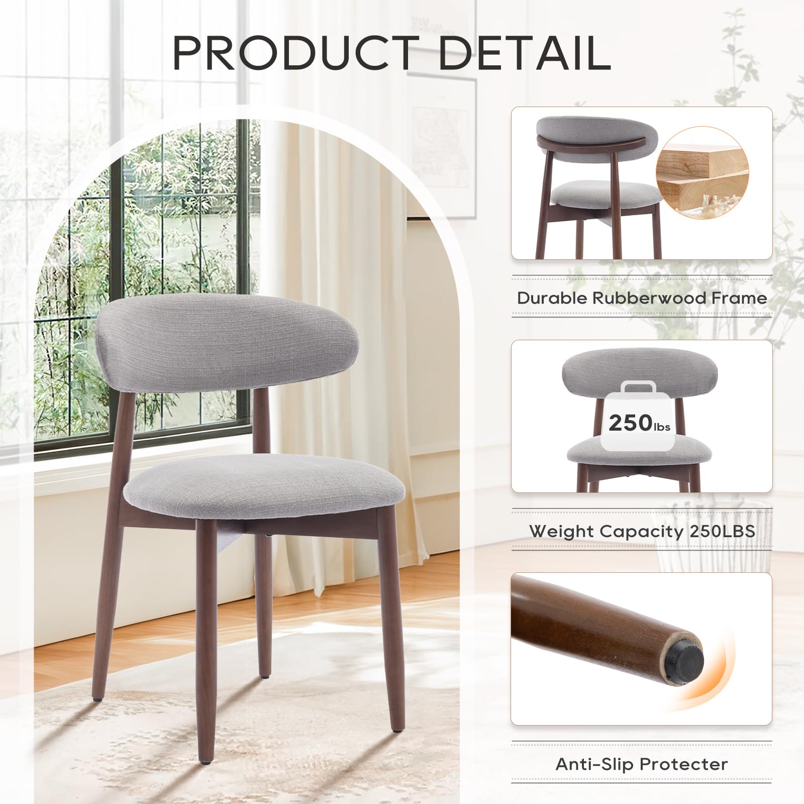 COLAMY Set of 4 Modern Farmhouse Dining Chairs - Light Grey Upholstered Wooden Kitchen Side Chairs with Foot Pegs | Perfect for Dining Room, Kitchen, Breakfast Nook & Small Spaces