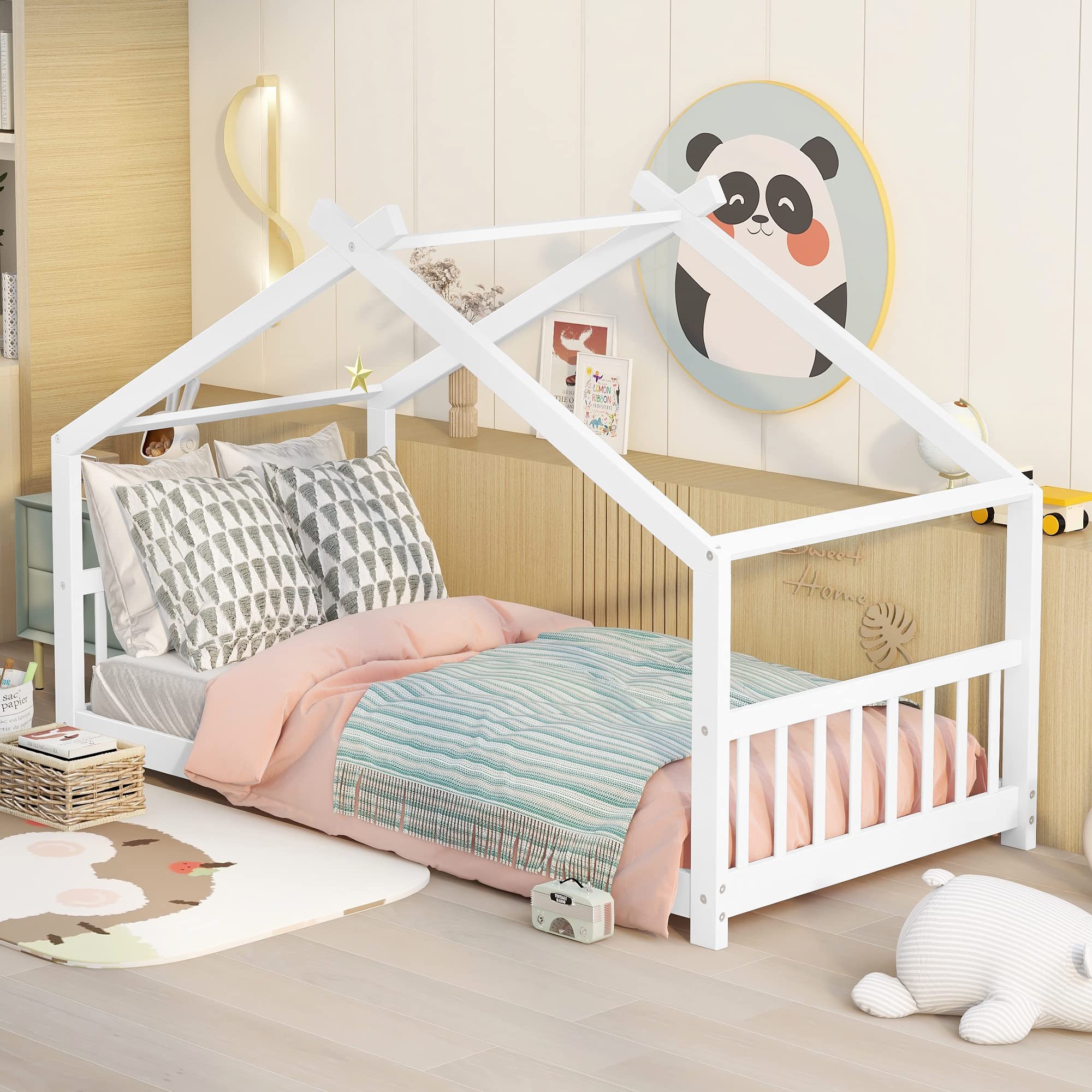 Harper & Bright Designs Twin Size House Bed for Kids - Solid Wood Montessori Bed Frame with Headboard & Footboard, No Box Spring Needed - Perfect for Girls & Boys Bedroom Furniture (White) | Ideal for Montessori Rooms, Playrooms & Cozy Kids' Bedrooms