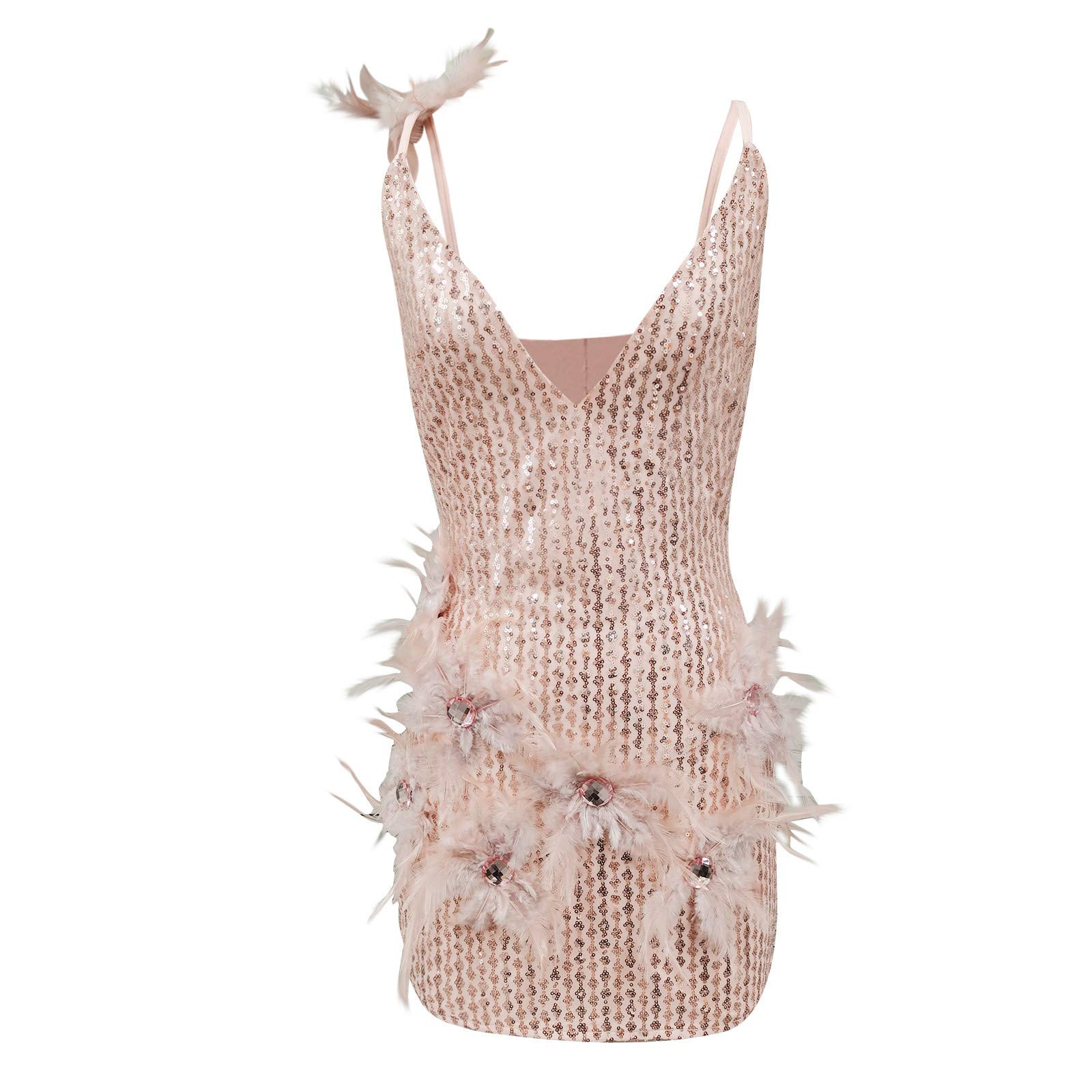 Elegant Women's Rhinestone Feather Sleeveless Mini Dress - Summer Spaghetti Strap Fitted Slim Dress for Housewarming Parties, Date Nights & Special Occasions