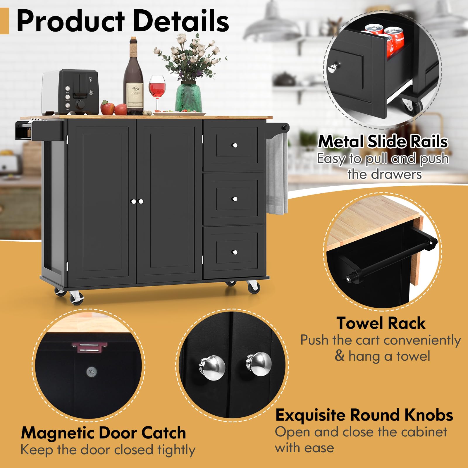 GOFLAME Kitchen Island Cart with Drop Leaf - Rolling Kitchen Cart on Wheels with Rubber Wood Top, 3 Drawers, Towel & Spice Rack, 2-Door Cabinet - Perfect Serving Trolley for Small Kitchens, Dining Rooms & Breakfast Nooks (Black)