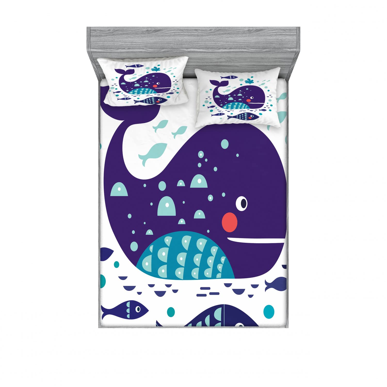 Ambesonne 2-Pack Queen Size Fitted Sheet & Pillow Sham Set - Ocean Whale Cartoon Print Bedding Collection (4-Piece Set: 2 Fitted Sheets + 4 Pillow Covers) in Purple, Turquoise & White | Perfect for Kids' Rooms, Beach-Themed Decor & Marine Life Enthusiasts