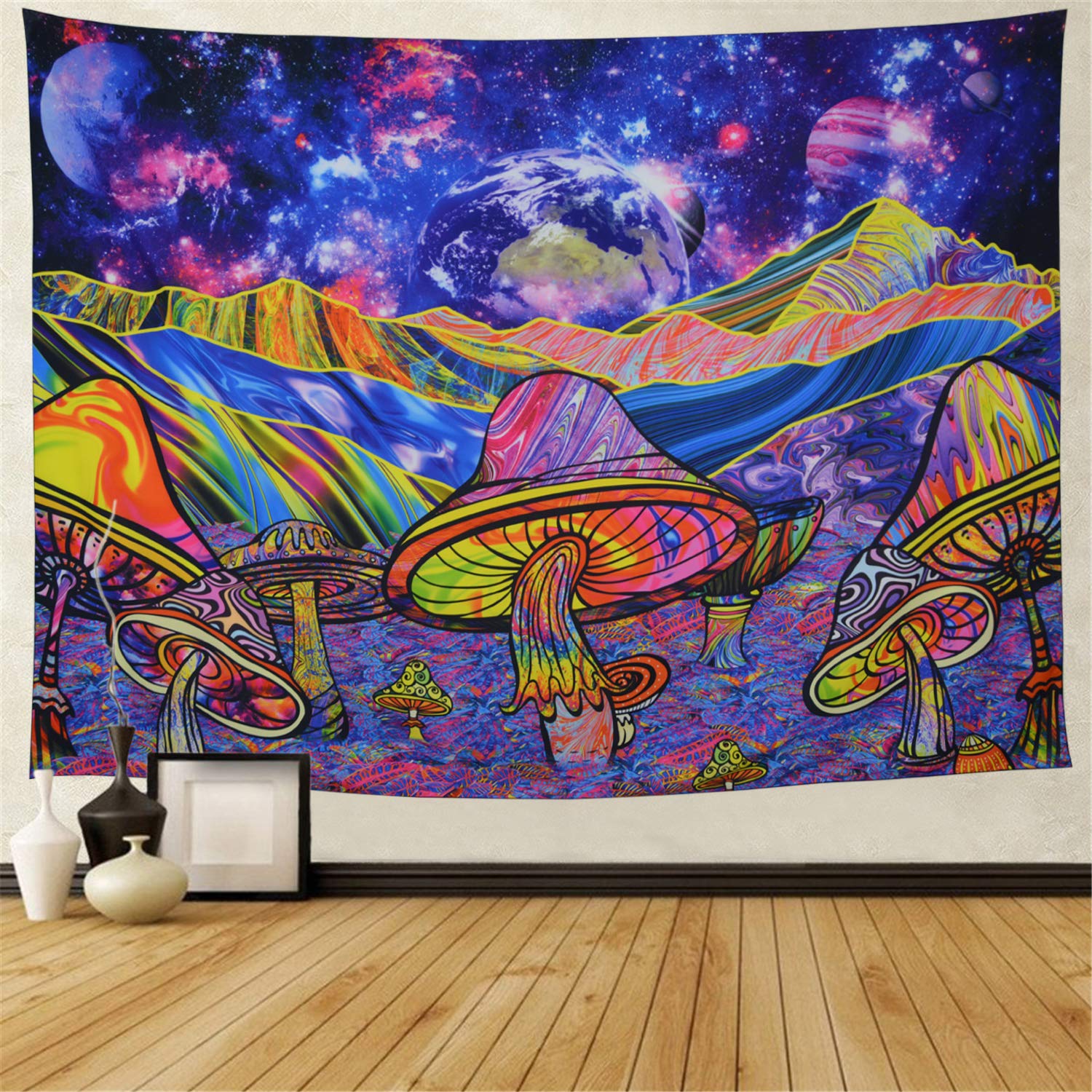 Trippy Mushroom Tapestry - Colorful Psychedelic Galaxy Space Wall Hanging with Fantasy Planets Design for Bedroom Decor | Hippie Boho Room Aesthetic, Dorm Wall Art, Meditation Space & Music Festival Decor