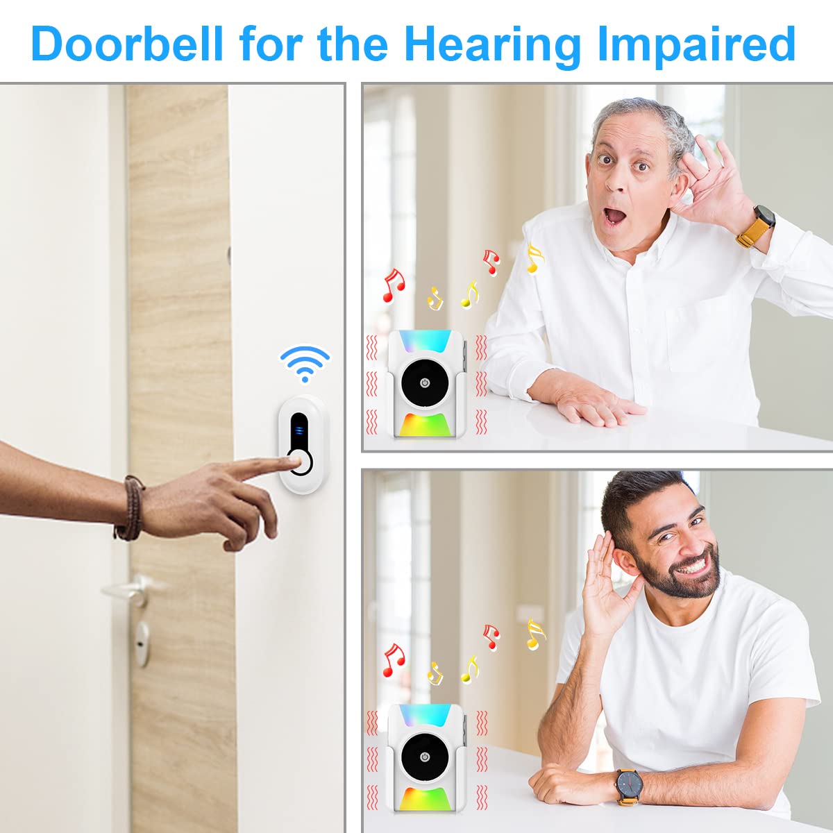 Wireless Doorbell with Vibrating Alert & LED Flashing - Battery Operated Door Chime Kit for Home, Hearing Impaired - 4 Working Modes & 5 Volume Levels - Perfect for Apartments, Offices & Elderly Care