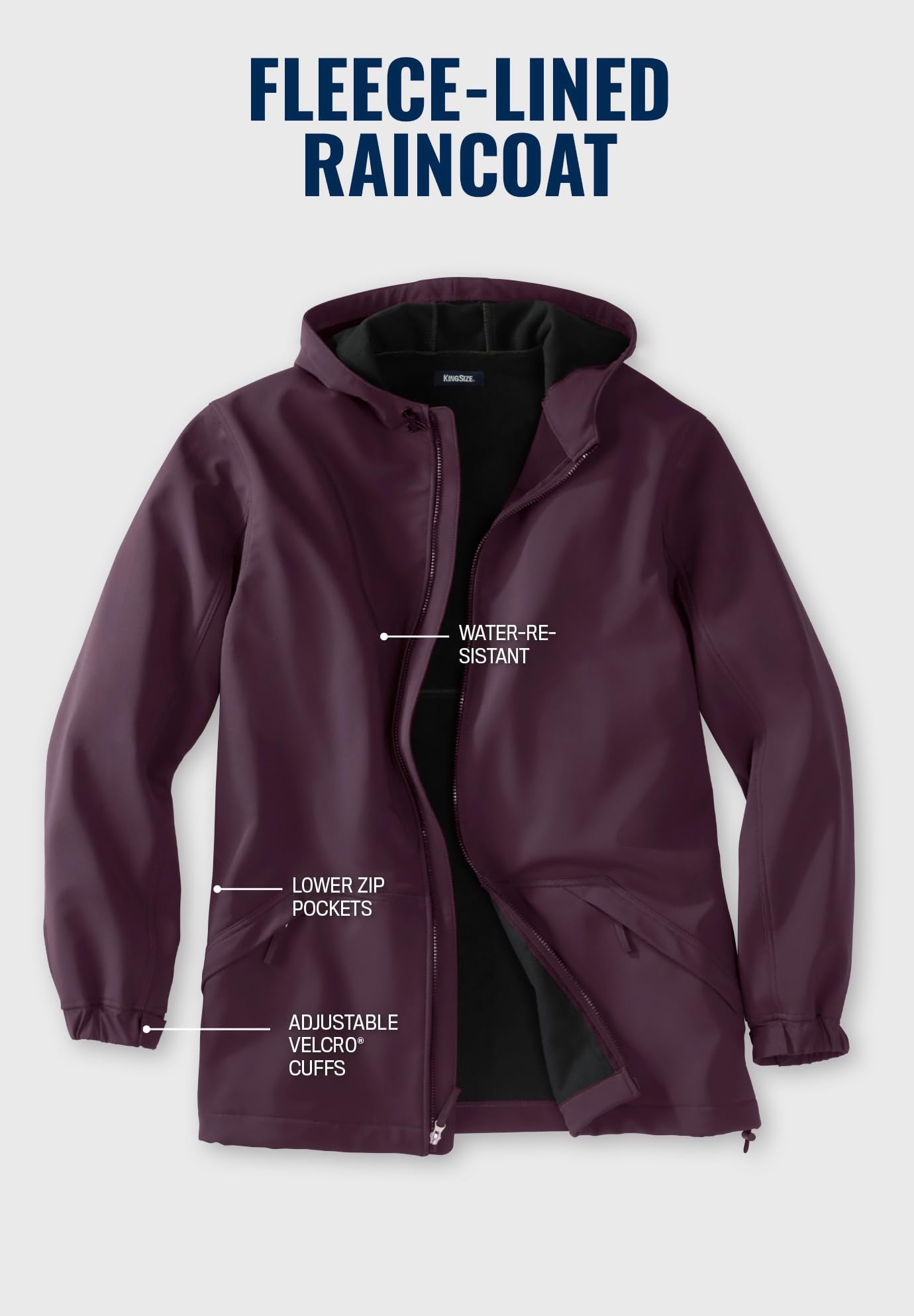 KingSize Men's Big & Tall Fleece-Lined Waterproof Raincoat - Warm Winter Jacket for Outdoor Work & Hiking