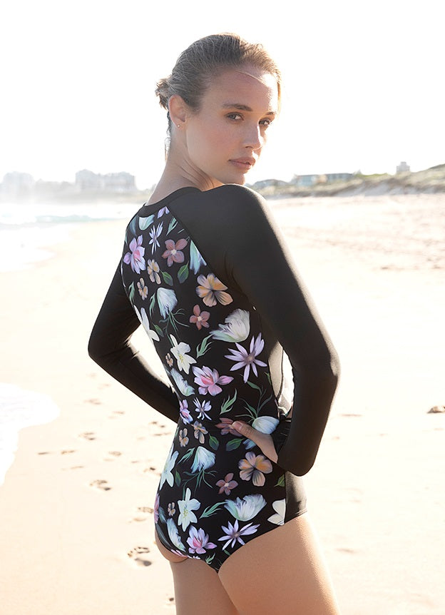 Coral Flower Front Zip Long Sleeve One Piece Swimsuit - Argentina Artist x Axesea Collection | Beachwear, Pool Party & Summer Vacation Outfit