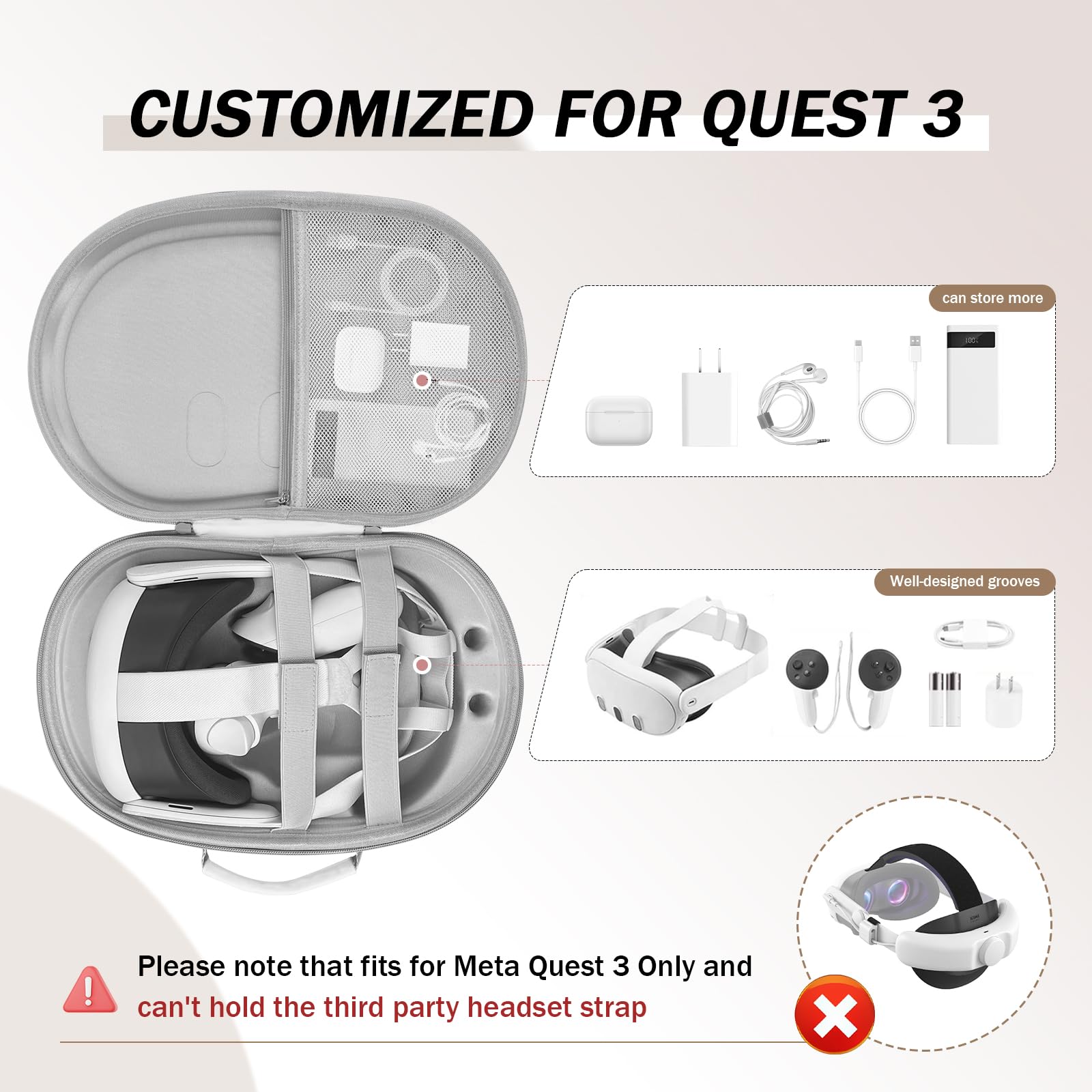 Premium Hard PU Leather VR Headset Case for Meta Oculus Quest 3 - Protective Travel Storage with Controller Compartment | Easy to Clean White Carrying Case for VR Gaming Accessories | Perfect for Travel, Home Storage & VR Arcade Use