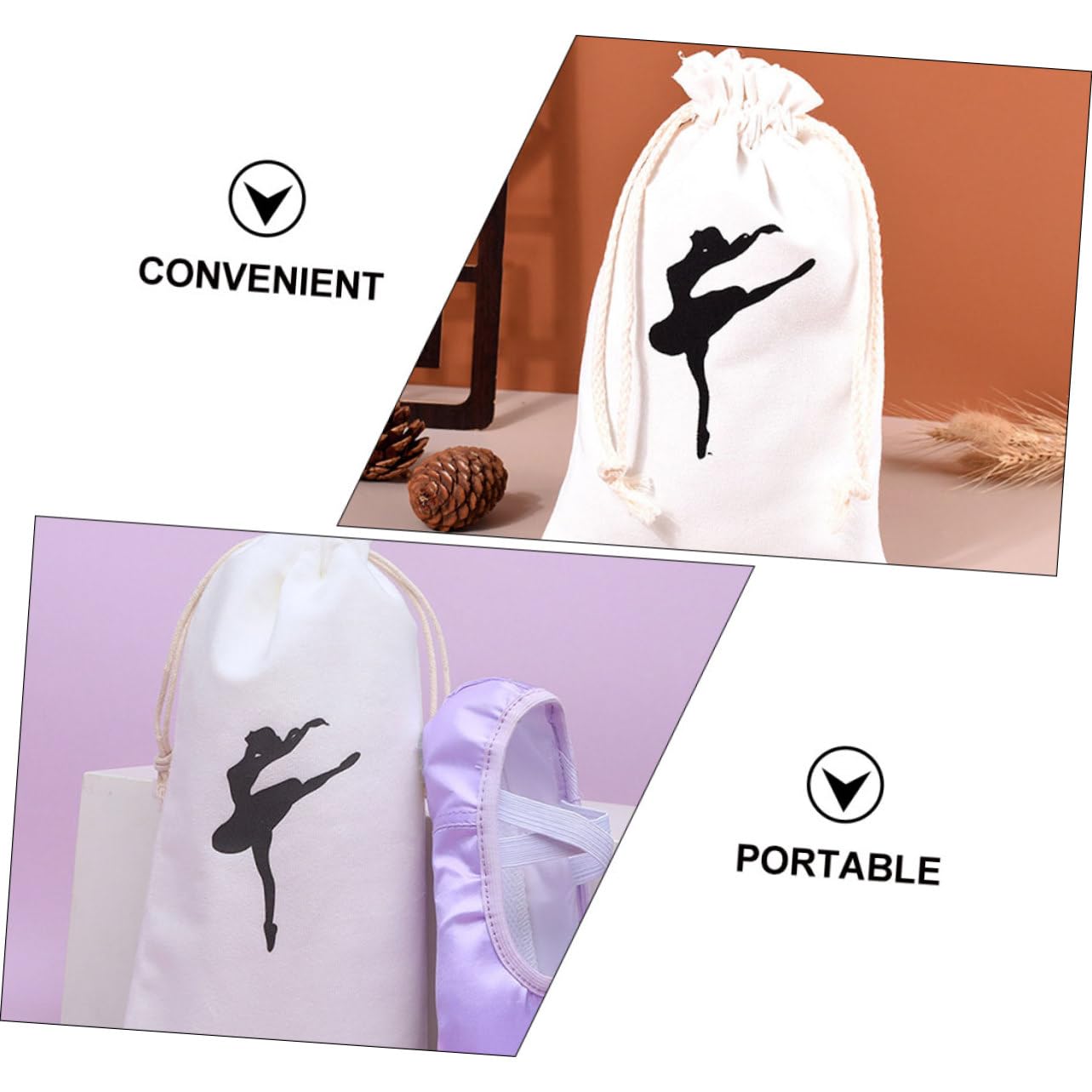 WHAMVOX Cute Ballet Dance Bag for Women & Girls - Washable Canvas Shoe Storage Pouch with Dancer Pattern - Perfect for Dance Classes, Rehearsals & Gym Essentials