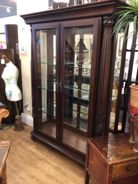 Antique Dark Wood Carved Glass Front China Cabinet - Vintage Display Cabinet for Dining Room, Living Room & Home Decor