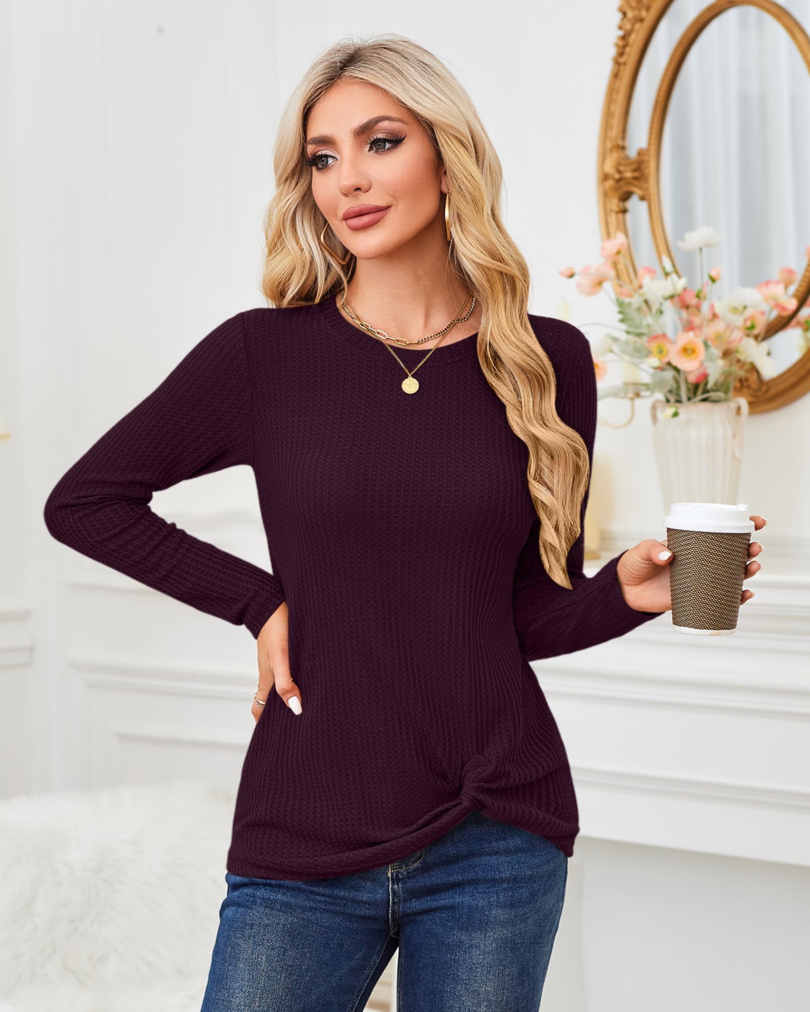 MISFAY Women's Casual Long Sleeve Twist Knot Waffle Knit Shirt - Cute Blouse for Fall & Winter, Perfect for Office, Date Night and Everyday Wear