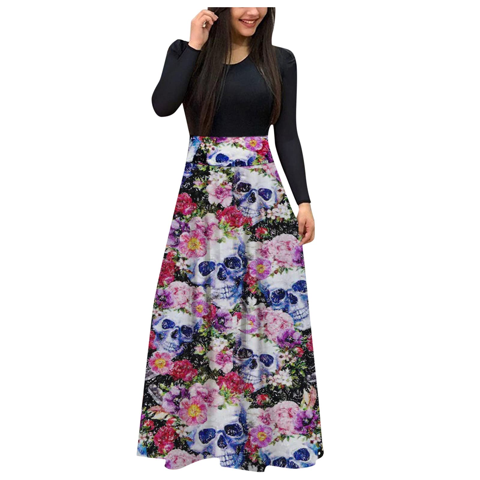 Women's Halloween Print Round Neck Long Sleeve Maxi Dress - Casual Long Flowy Dress for Women - Perfect for Halloween Parties, Costume Events & Autumn Festivals