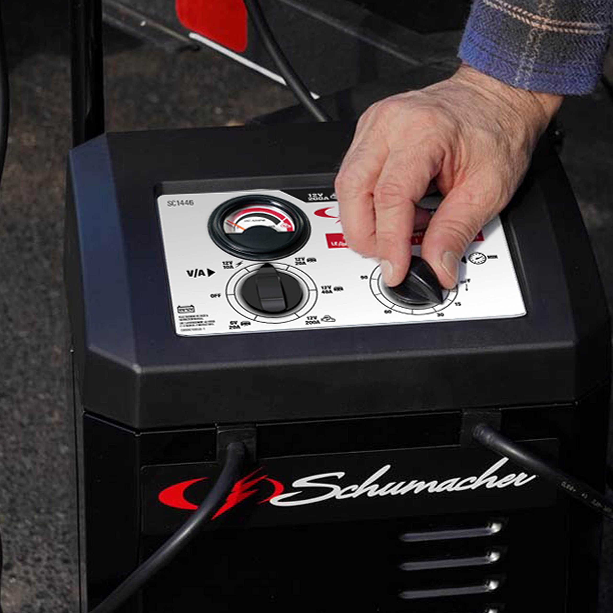 Schumacher SC1446 6V/12V 200A Heavy-Duty Manual Battery Charger & Engine Starter with 40A Boost Mode - Color-Coded Clamps, 6-Foot Cables, Rugged Design for Cars, Trucks, SUVs, Motorcycles & Marine Batteries - Perfect for Emergency Jump Starts & Winter Maintenance