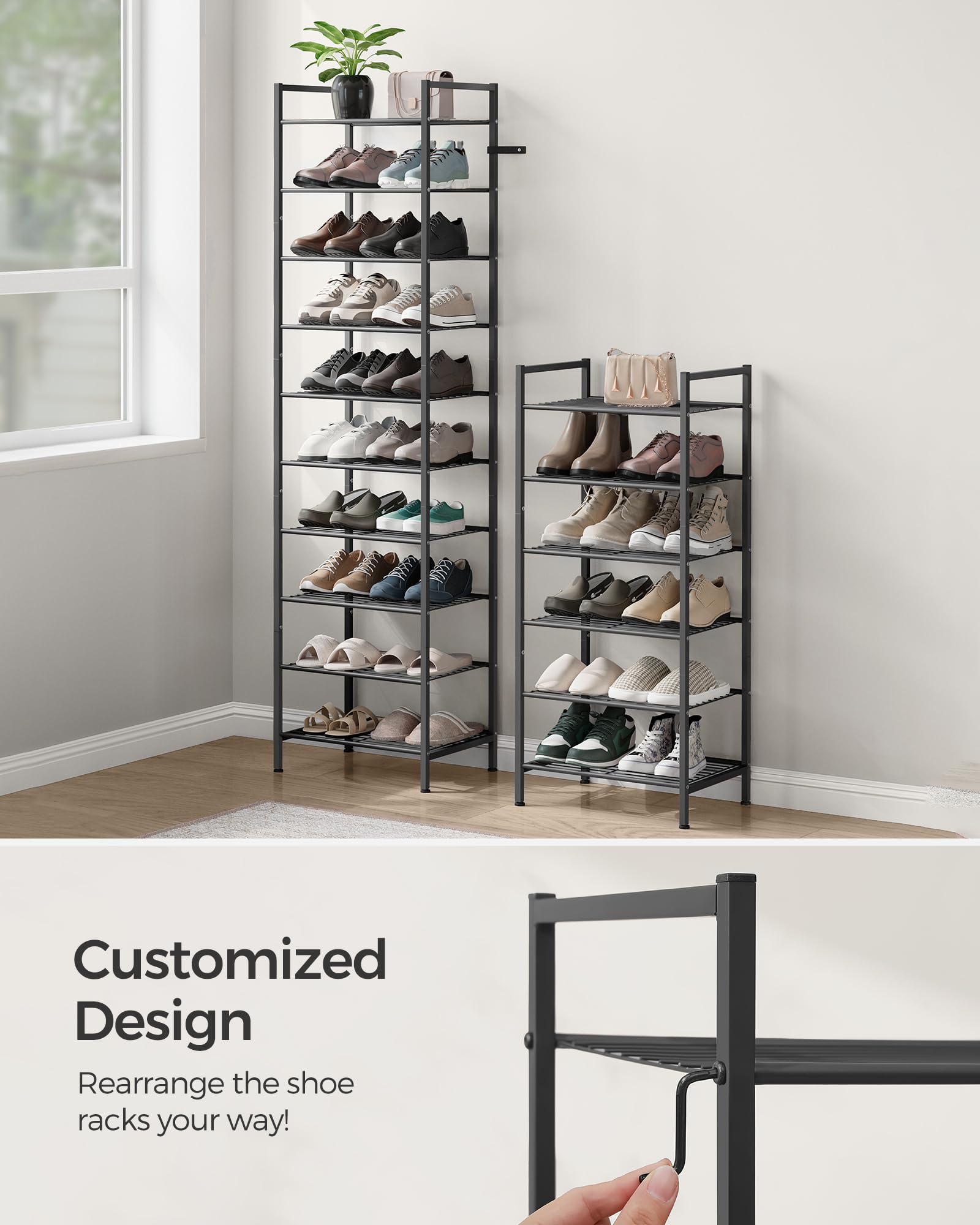 SONGMICS 8-Tier Narrow Shoe Rack - Slim Vertical Metal Shoe Storage Organizer for Small Spaces | Holds 18 Pairs of Shoes | Sturdy Shoe Shelf for Closet, Entryway & Bedroom | Easy Assembly, Black | Perfect for Apartments, Dorms & Tight Spaces