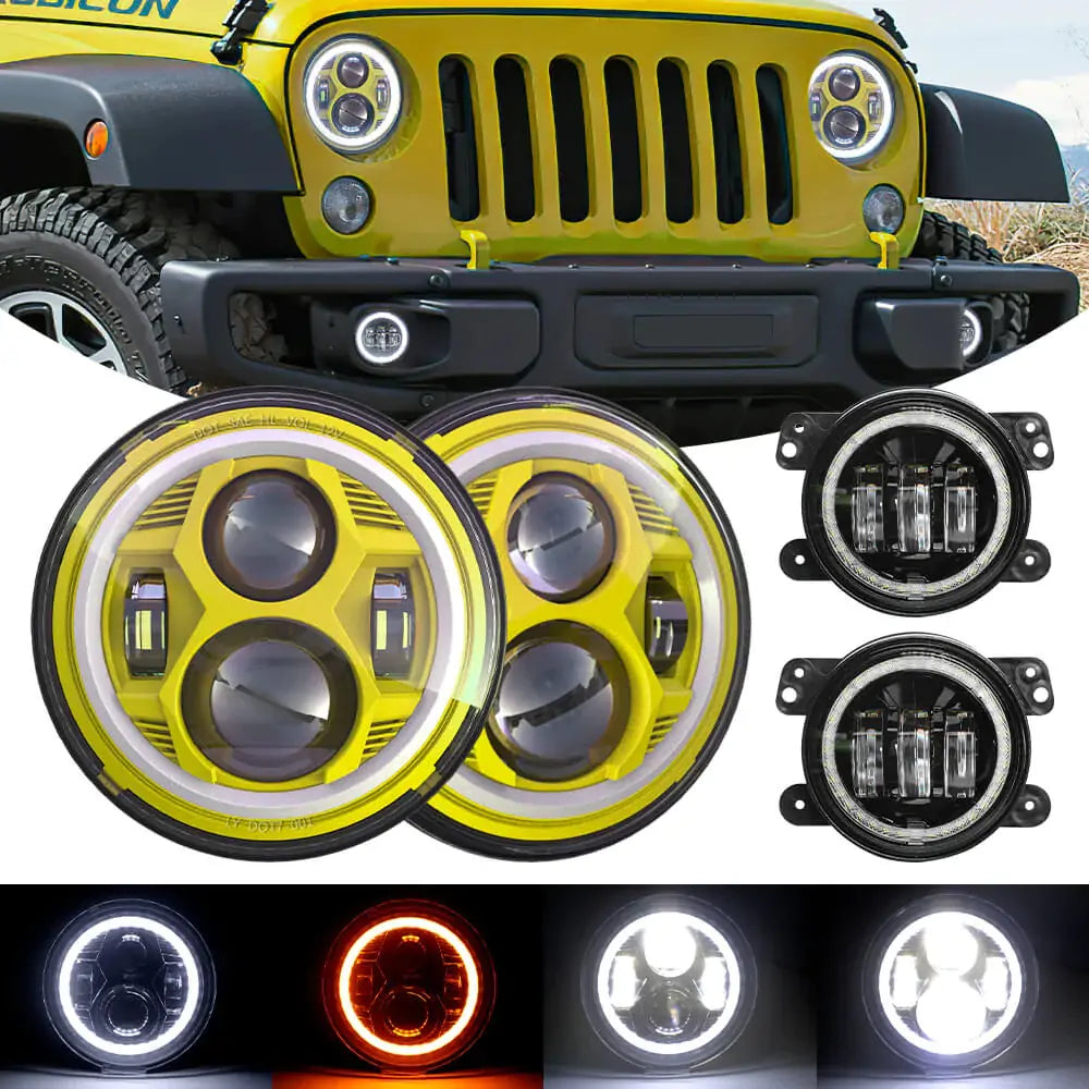 LOYO 7 Halo LED Headlights + 4 Halo LED Fog Lights with DRL & Amber Turn Signal - Compatible with Jeep Wrangler 1997-2017 JK TJ LC CJ - Upgrade Your Off-Road Lighting for Night Driving & Adventure
