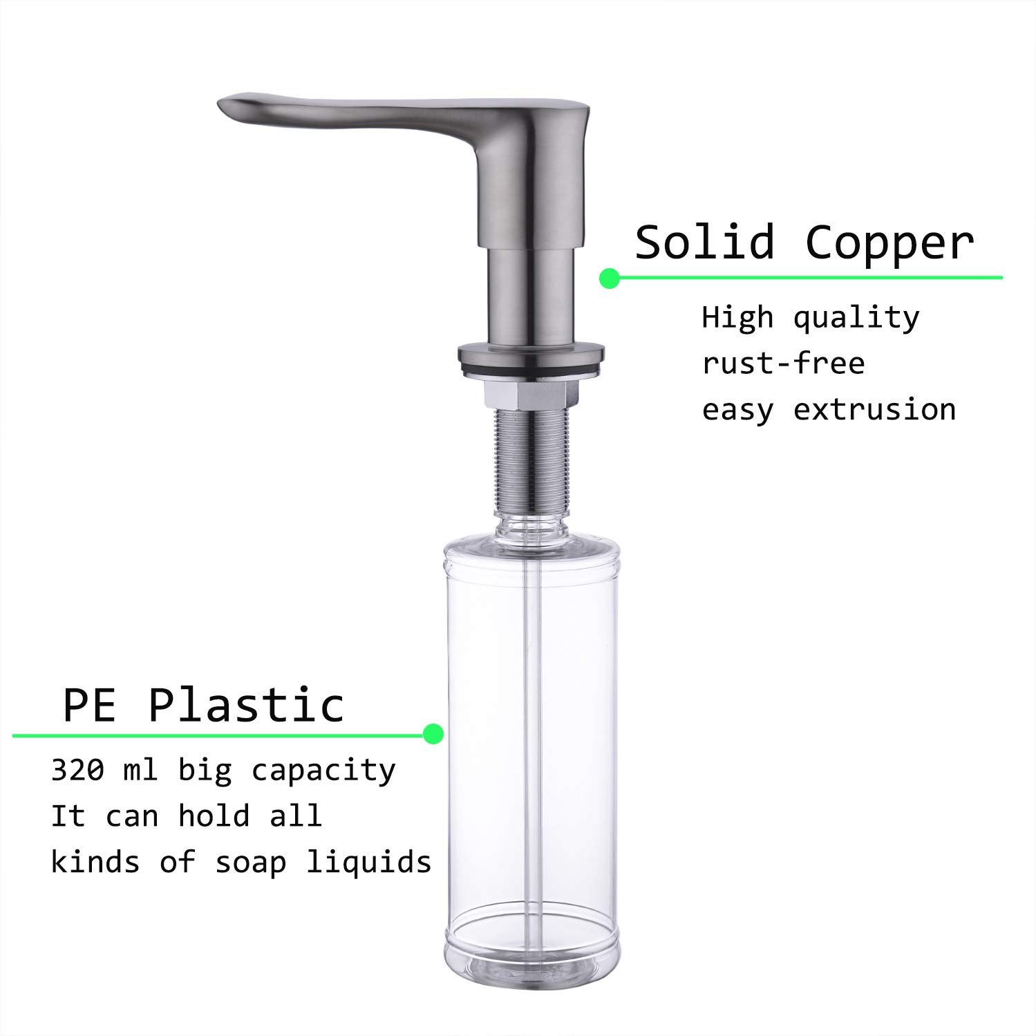 BZOOSIU Brushed Nickel Kitchen Sink Soap Dispenser - Solid Brass Pump Head, Refillable Stainless Steel Bottle with Spot-Resistant Finish | Perfect for Modern Kitchens, Restaurants & Bathrooms