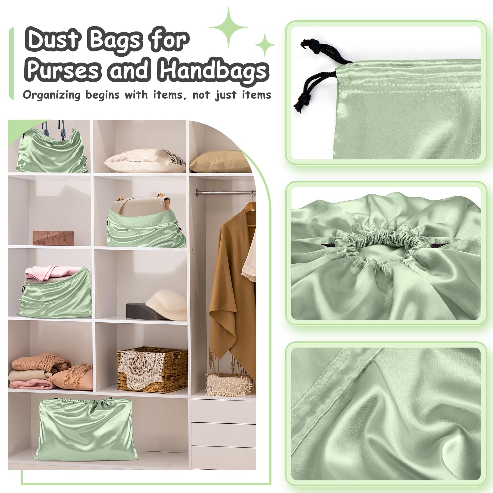 Premium 4-Pack Satin Dust Bags for Handbags & Purses - Silky Drawstring Storage Covers in Sage Green | Travel Pouch for Clothes, Shoes & Accessories | Perfect for Luxury Bag Protection, Closet Organization & Travel Storage