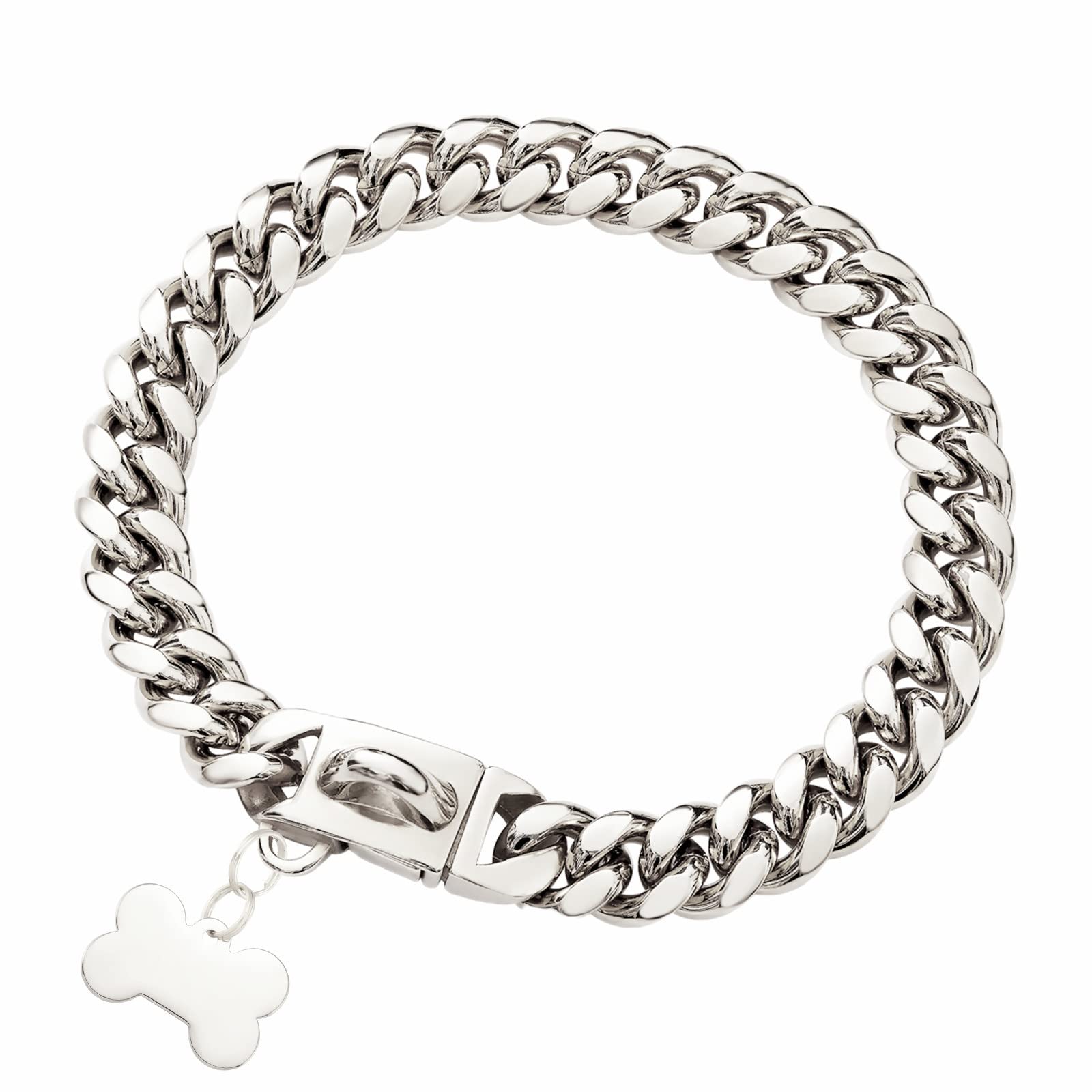 Stainless Steel Silver Cuban Link Curb Dog Collar - Heavy Duty Bulldog Jewelry Necklace for Large Dogs - Perfect for Pitbulls, Rottweilers & German Shepherds - Fashion & Protection for Daily Walks & Outdoor Adventures