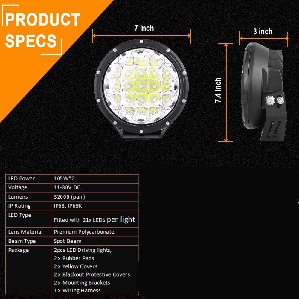 BIGLIONX 7-Inch Round LED Offroad Lights - 2 Pack 210W 32000LM Super Bright Amber Spot Lights with Wiring Harness IP68 Waterproof - Perfect for Trucks, Pickups, ATV, UTV, SUV Off-Road Driving & Night Adventures