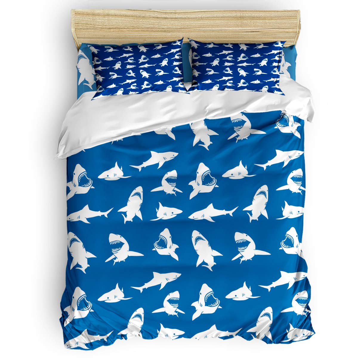Laibao 4-Piece Twin Size Duvet Cover Set - Soft Lightweight White Shark Animal Print Bedding with Duvet Cover, Flat Sheet & Pillowcases for Kids, Teens & Adults | Perfect for Kids' Rooms, Dorm Decor & Shark-Themed Bedrooms