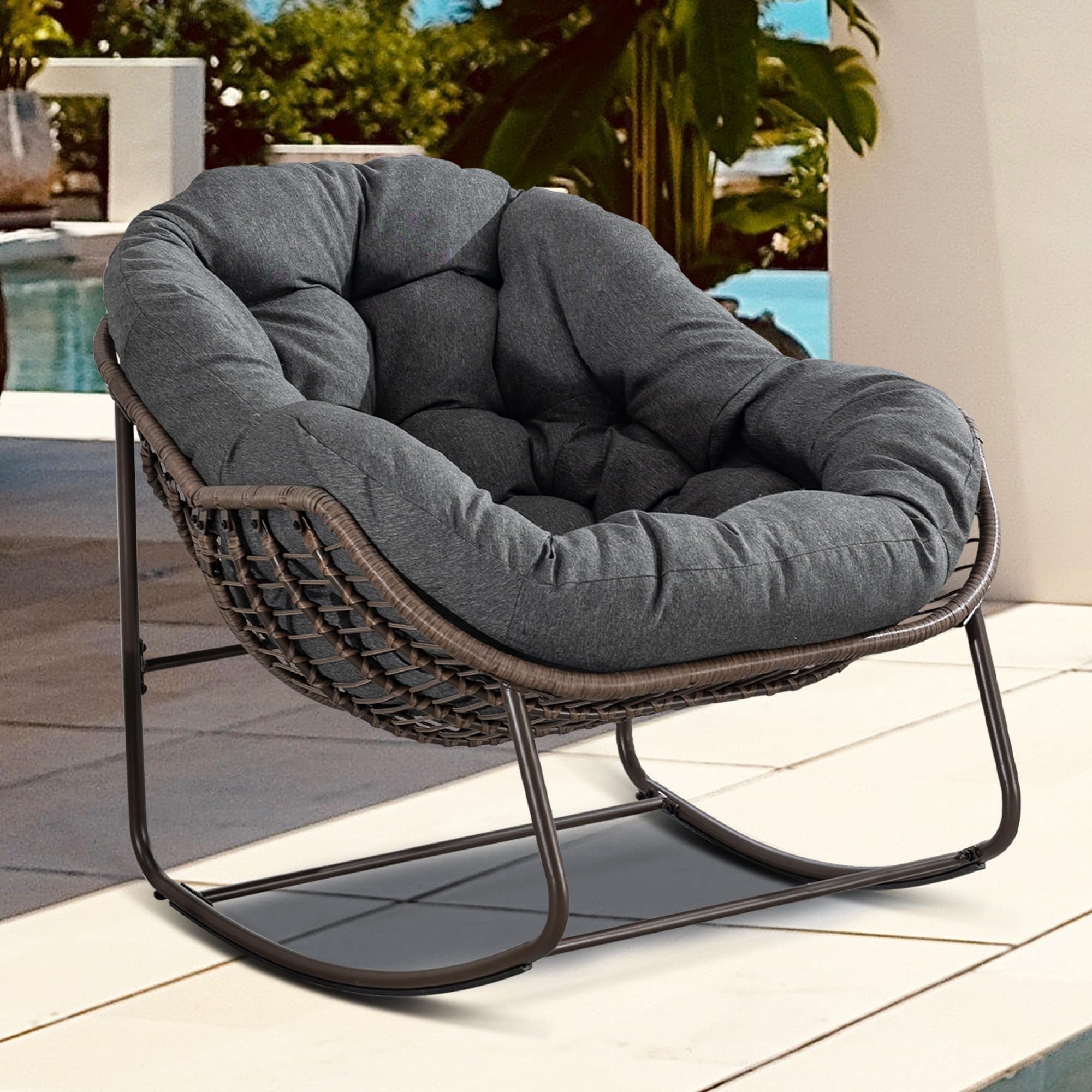 Outdoor Papasan Rocking Chair - Oversized Comfortable Patio Swing Chair with Cushion, Egg-Shaped Rattan Rocker for Porch, Lawn, Bedroom & Living Room - Perfect for Relaxing, Reading & Lounging (Grey)