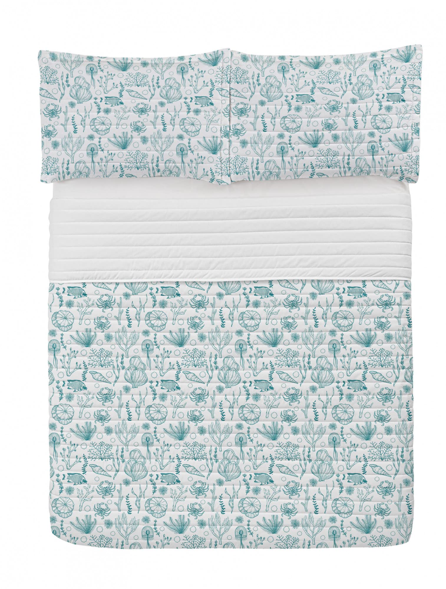 Ambesonne Shells Microfiber Bedspread Set - Queen Size White & Teal Ocean Themed Bedding with Pillow Shams | Soft Underwater Marine Animal Print Comforter for Coastal, Nautical or Beach House Decor