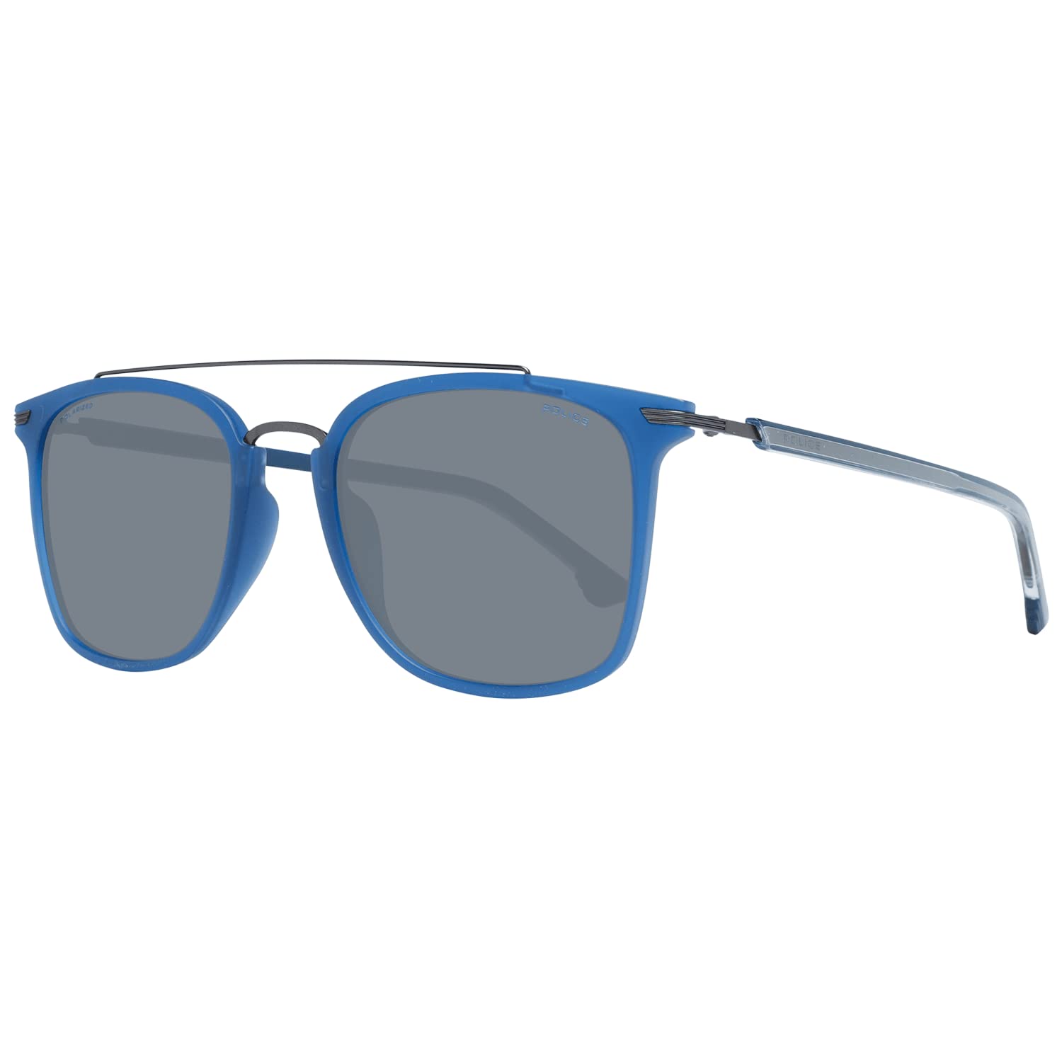 Police Sunglasses Drop 3 (SPL-583 TA5B) - Transparent Blue Frame, Matte Gunmetal Arms, Blue-Grey Gradient Polarized Lenses - UV Protection for Driving, Outdoor Sports & Fashion