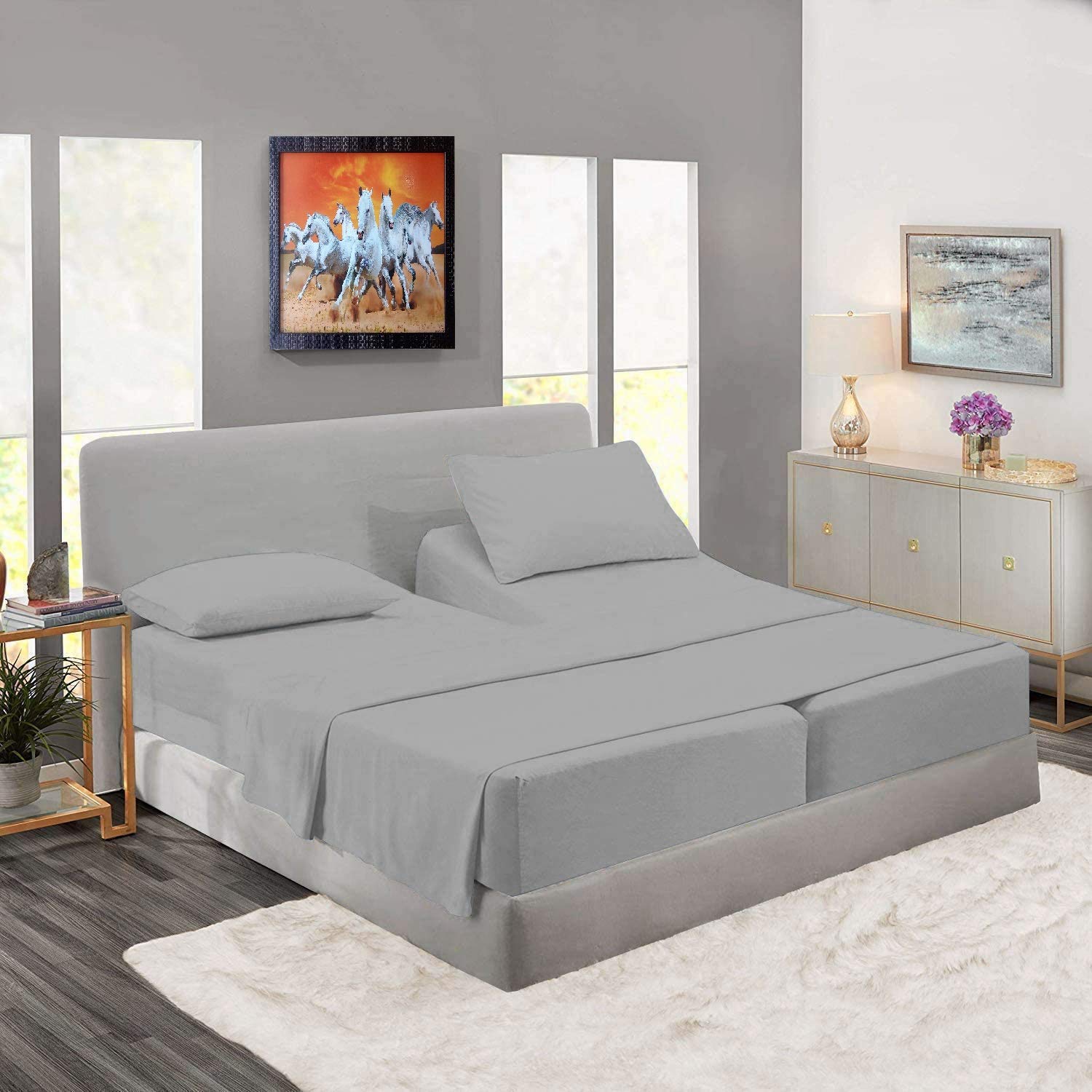 5-Piece Split Queen Sheets Set for Adjustable Beds - 100% Cotton Deep Pocket (18-22 Inch) Light Grey Solid - Perfect for Sleep Number, Adjustable & Split King Beds