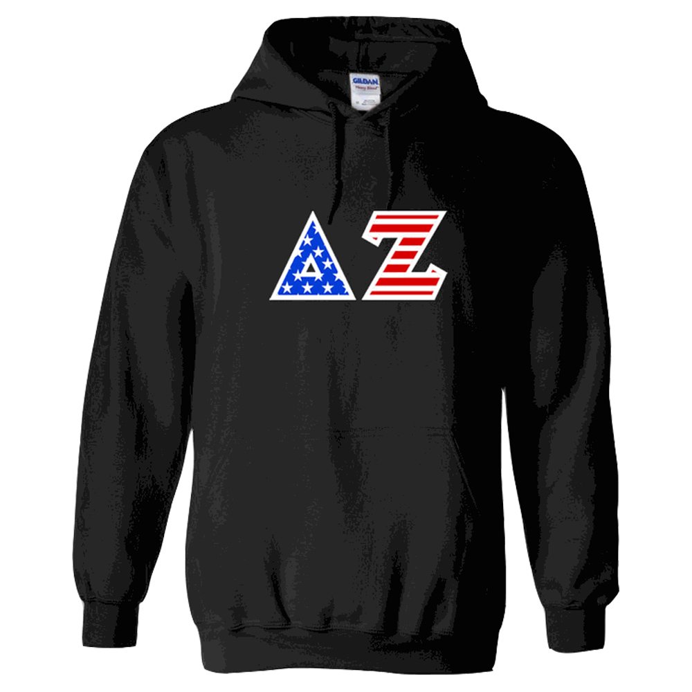 Delta Zeta Greek Letter American Flag Hoodie - Comfortable College Sorority Sweatshirt for Sisterhood Events & Campus Spirit