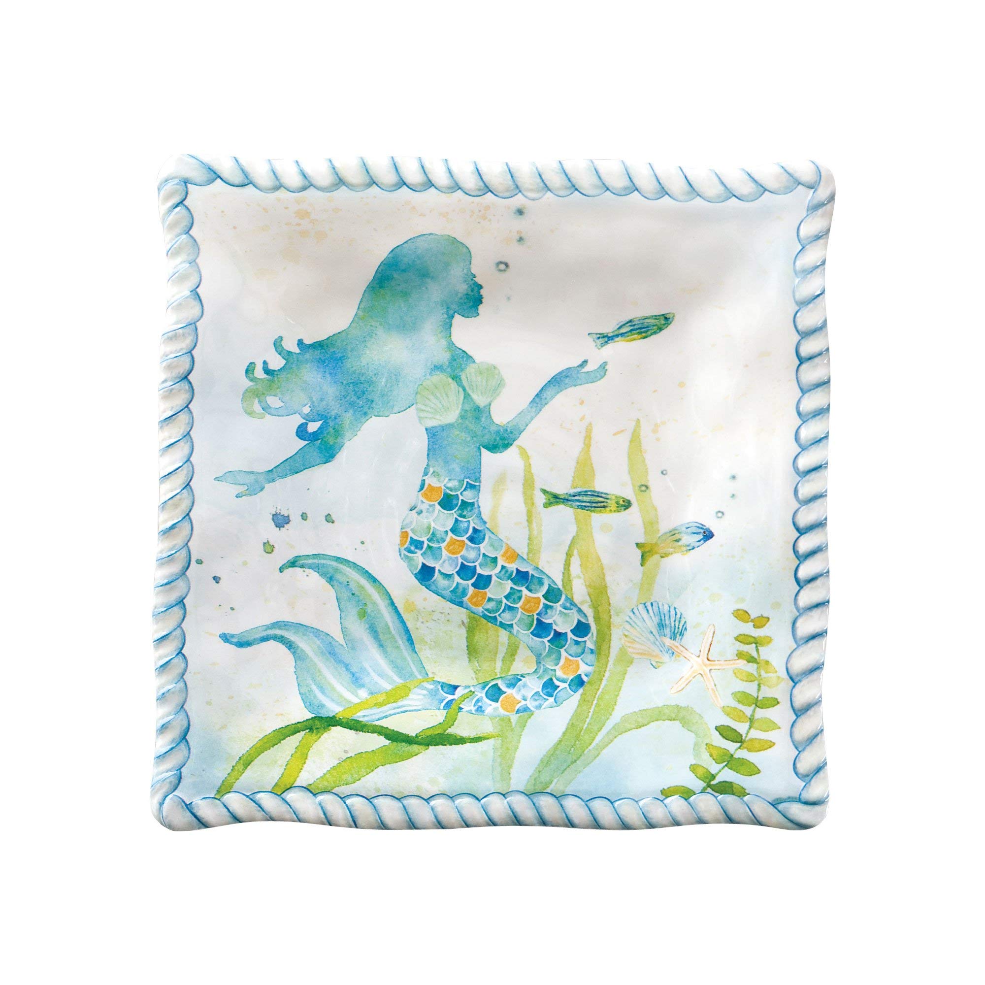 UPware Mermaid Melamine Square Dessert Plates - 6 Inch Small Serving Plates for Appetizers, Snacks & Side Dishes - Set of 4 Blue Dishware - Perfect for Beach Parties, Poolside Snacks & Summer Entertaining