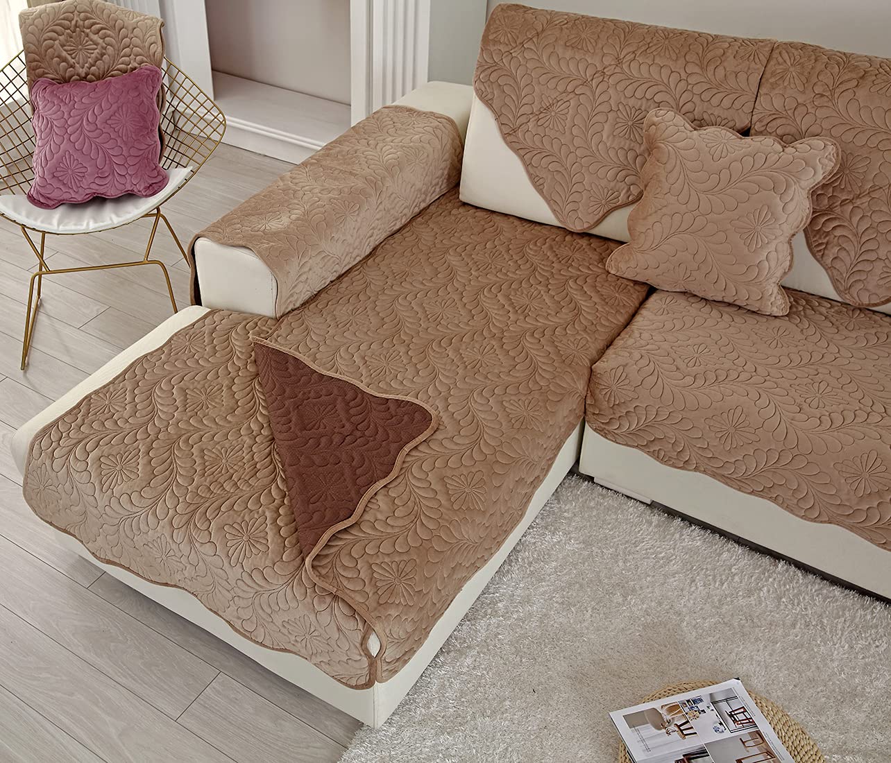 VCTOPS Velvet Quilted Sofa Cover - Soft Non-Slip Sectional Couch Slipcover for Pets, Fits L-Shaped & Recliner Couches (36x63 Inches, Coffee Brown) - Perfect for Pet Owners & Living Room Protection