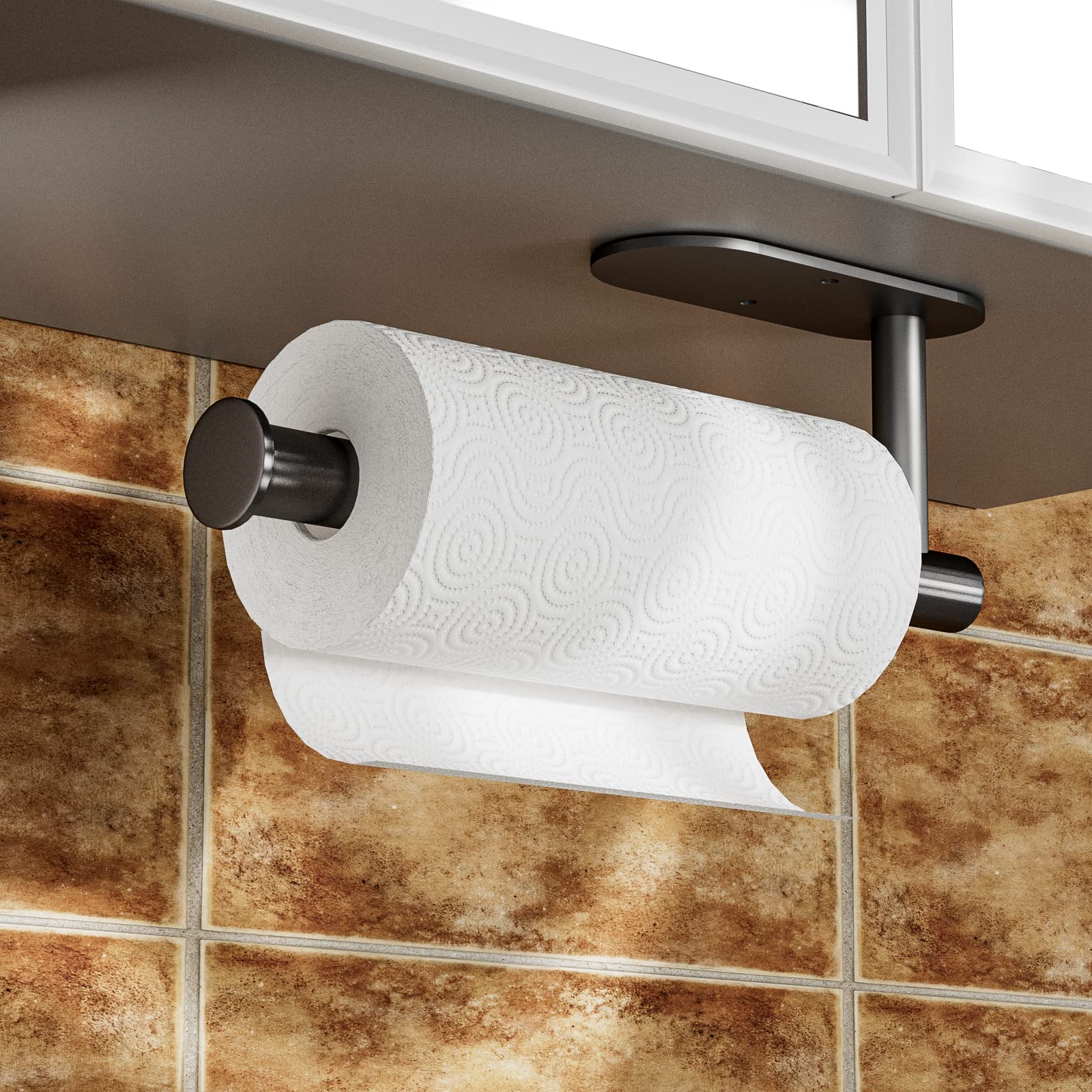 WEKIS Matte Black Under Cabinet Paper Towel Holder - Self Adhesive or Wall Mounted Stainless Steel Bathroom & Kitchen Towel Rack - Rustproof & Sturdy for Home, Office, or Restaurant Use