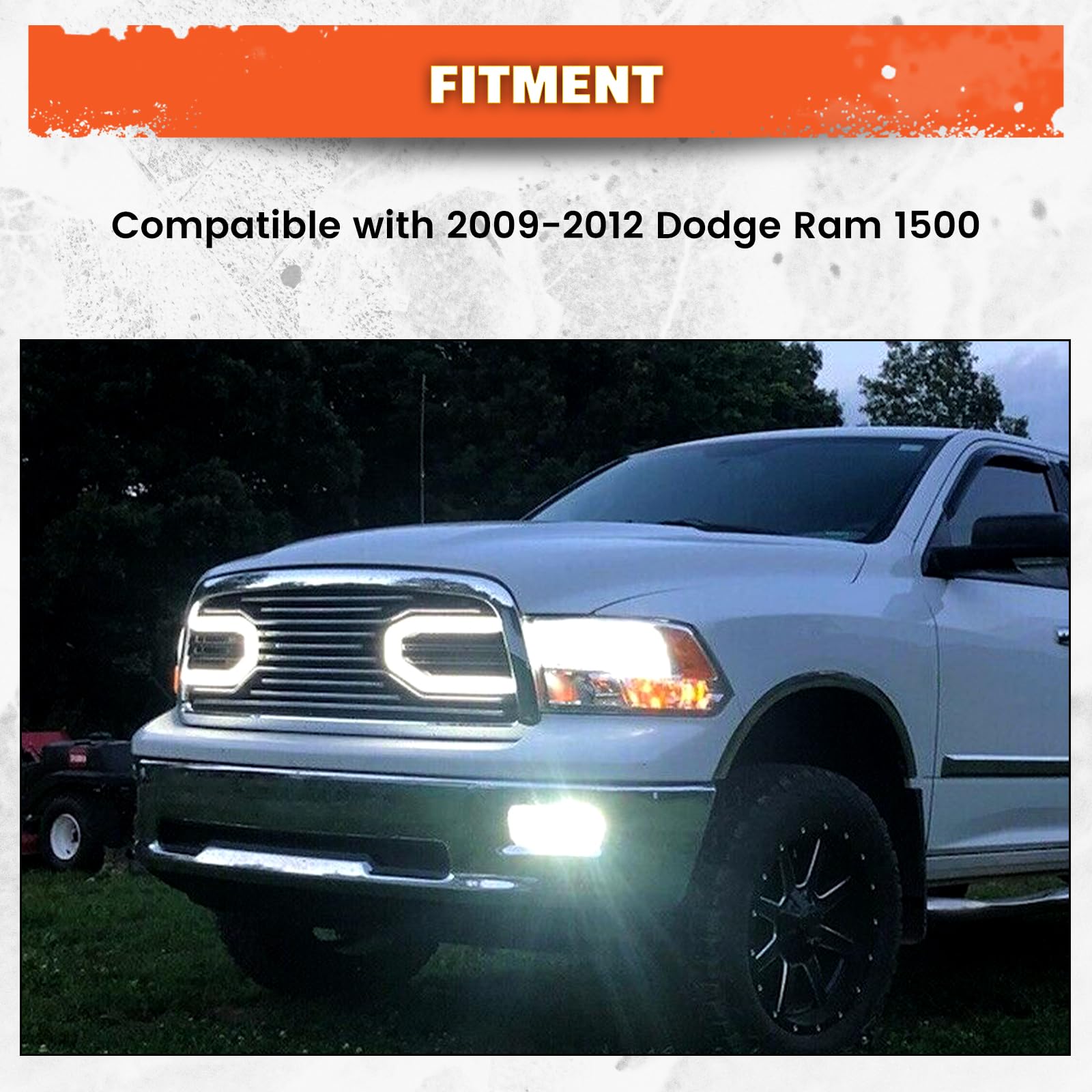 ECOTRIC Chrome Front Bumper Grill with LED Lights for 2009-2012 Dodge Ram 1500 | Hood Grille Replacement Shell | Off-Road & Street Style Upgrade