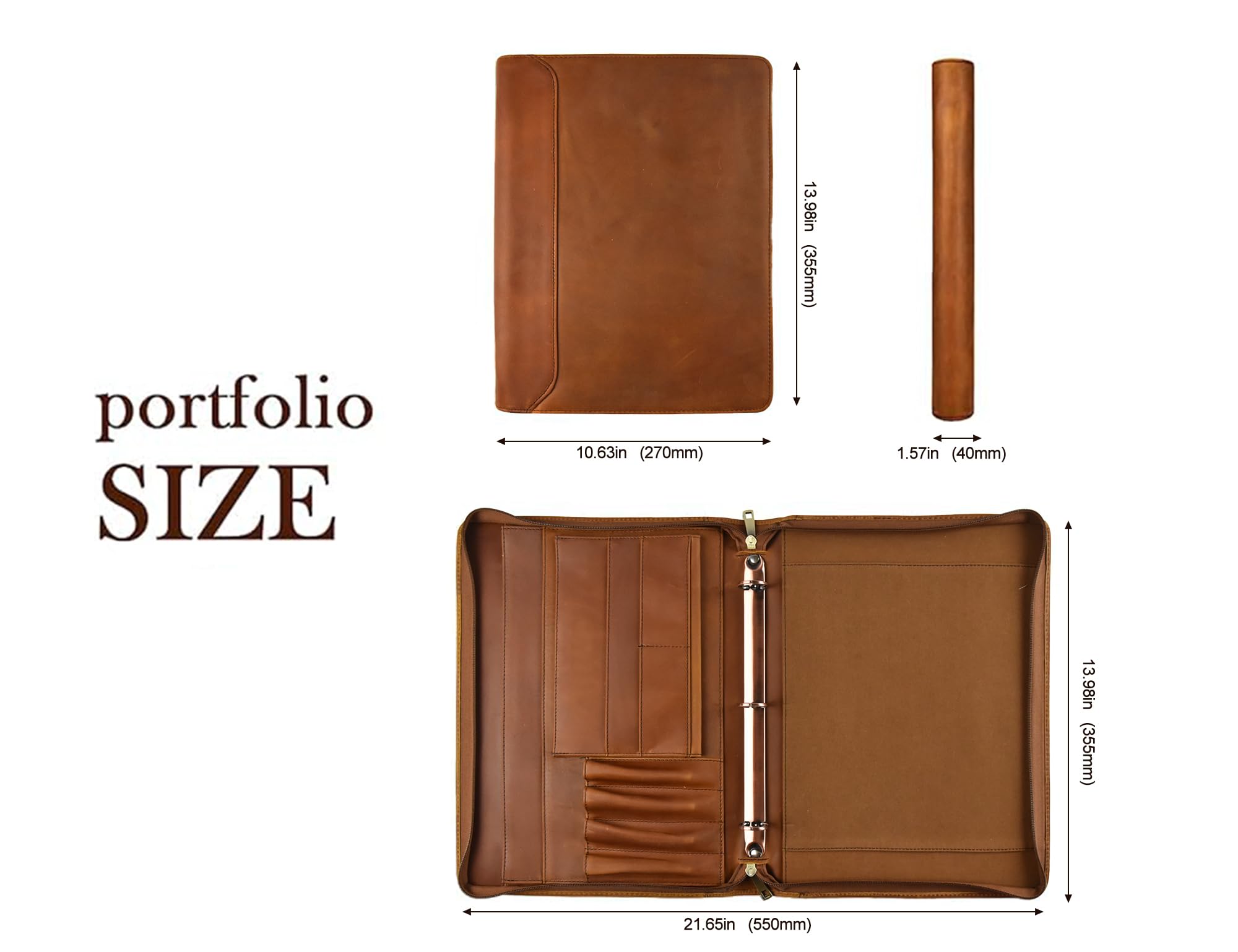 Personalized Leather Portfolio Binder for Men & Women - Free Name Engraving, Custom 3-Ring Zippered Business Organizer, Handmade Professional Padfolio Folder (Brown) - Perfect Office Gift for Executives & Graduates