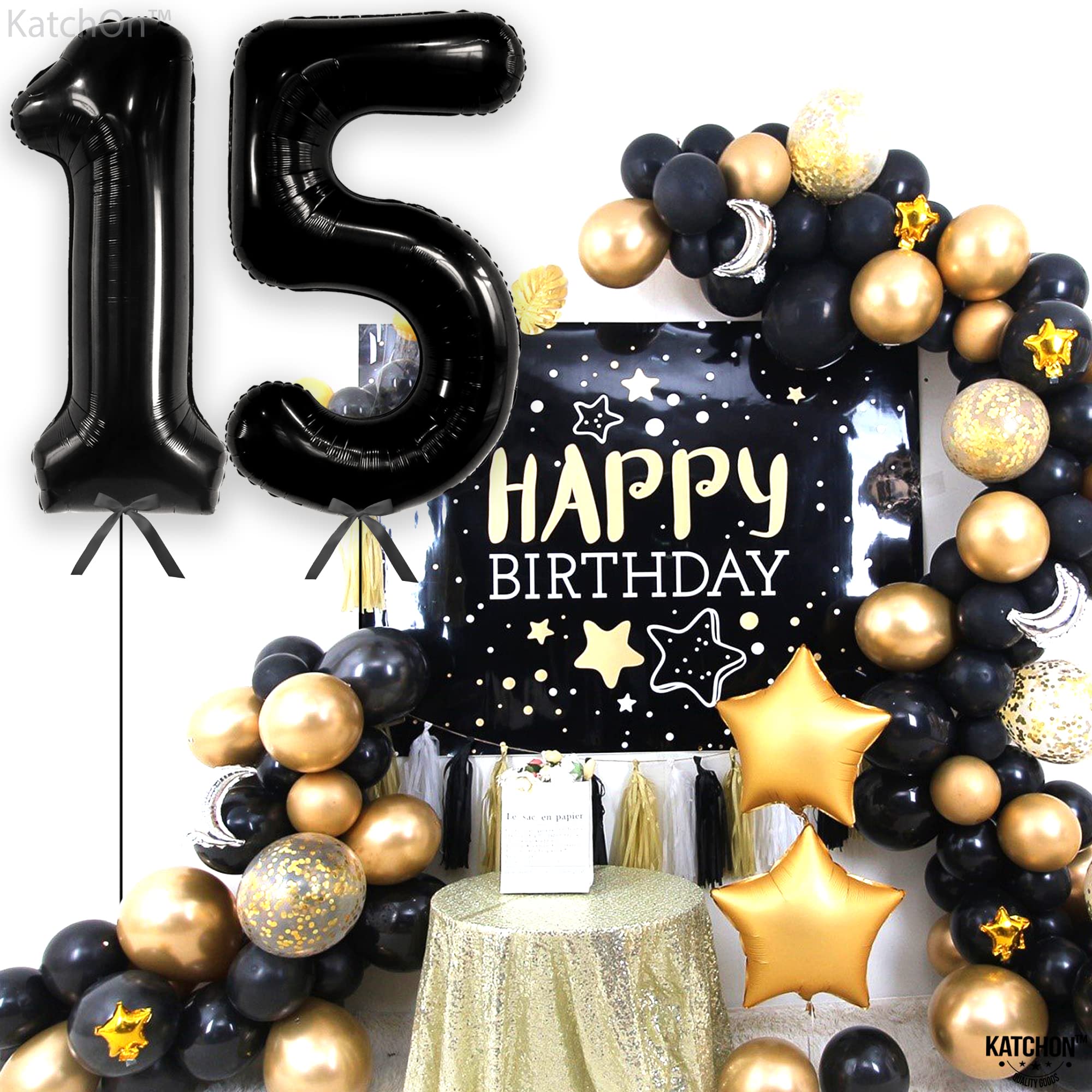 KatchOn Giant Black 15 Balloons - 40 Inch Large Number Balloons for 15th Birthday Party Decorations | Perfect for Boys Birthday, Sweet 16, Quinceañera & Anniversary Celebrations | Indoor & Outdoor Party Decor