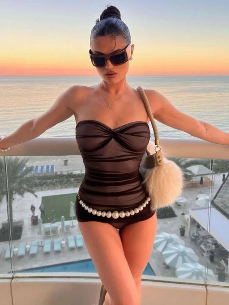 Black Mesh Ruched Strapless Mini Dress - Sexy Nightclub & Summer Beach Vacation Outfit for Women 2024 | Perfect for Parties, Date Nights & Tropical Getaways
