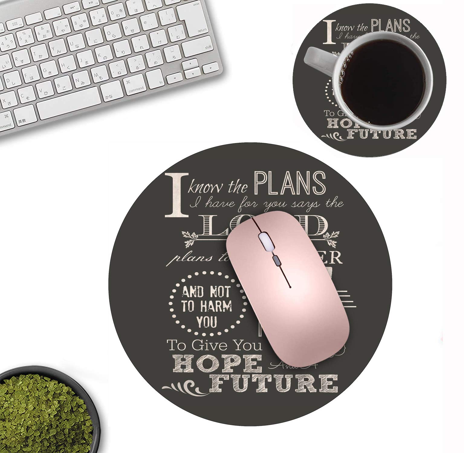 Non-Slip Round Mouse Pad with Coasters Set - Inspirational Bible Verse Jeremiah 29:11 Design for Computer & Laptop - Perfect for Office, Gaming & Home Workspace Decor