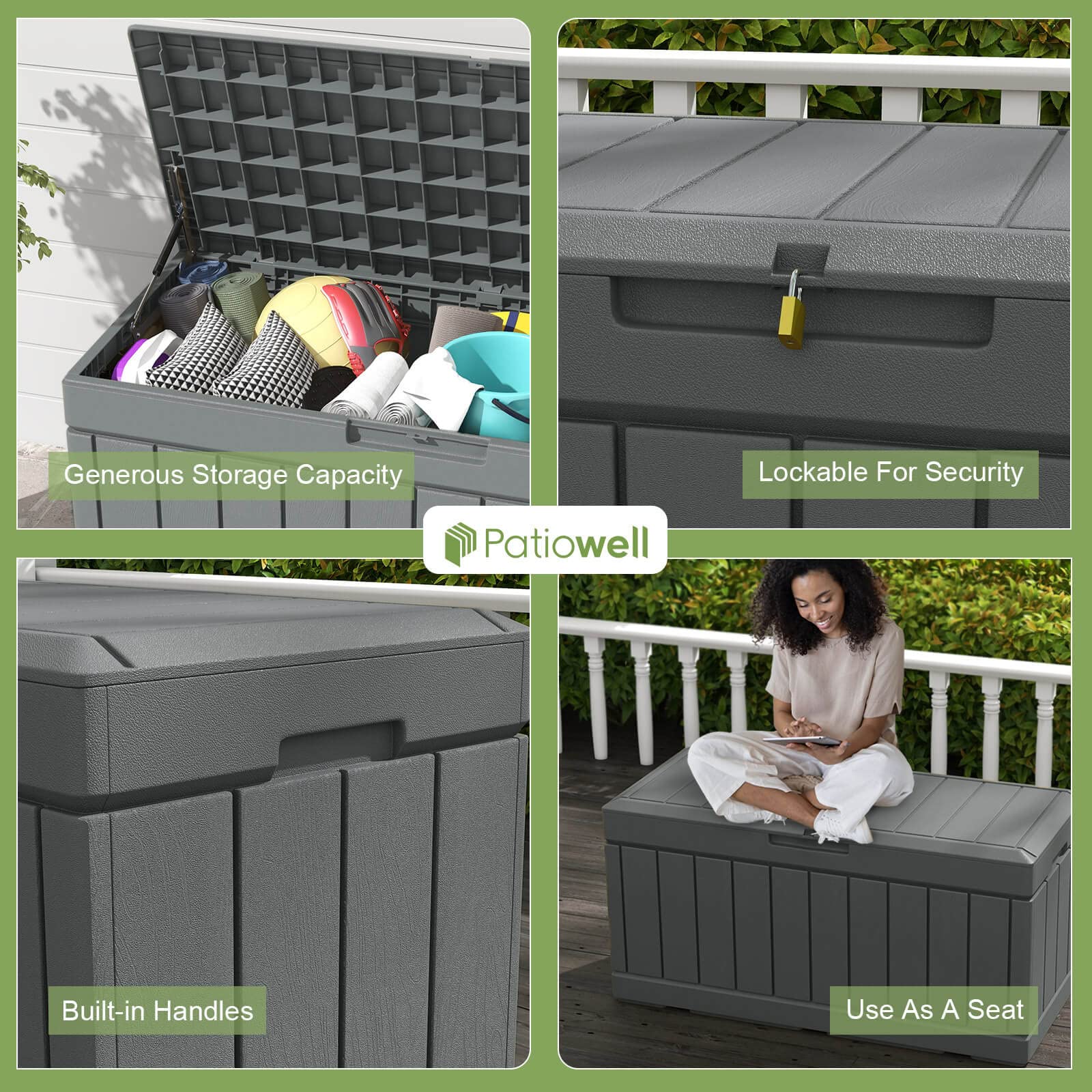 Patiowell 82 Gallon Resin Deck Box - Waterproof Large Outdoor Storage Container with Wood Look Finish for Patio Furniture, Pool Toys, Garden Tools & Sports Equipment | Lockable Grey Deck Box for Backyard, Poolside & Garage Organization