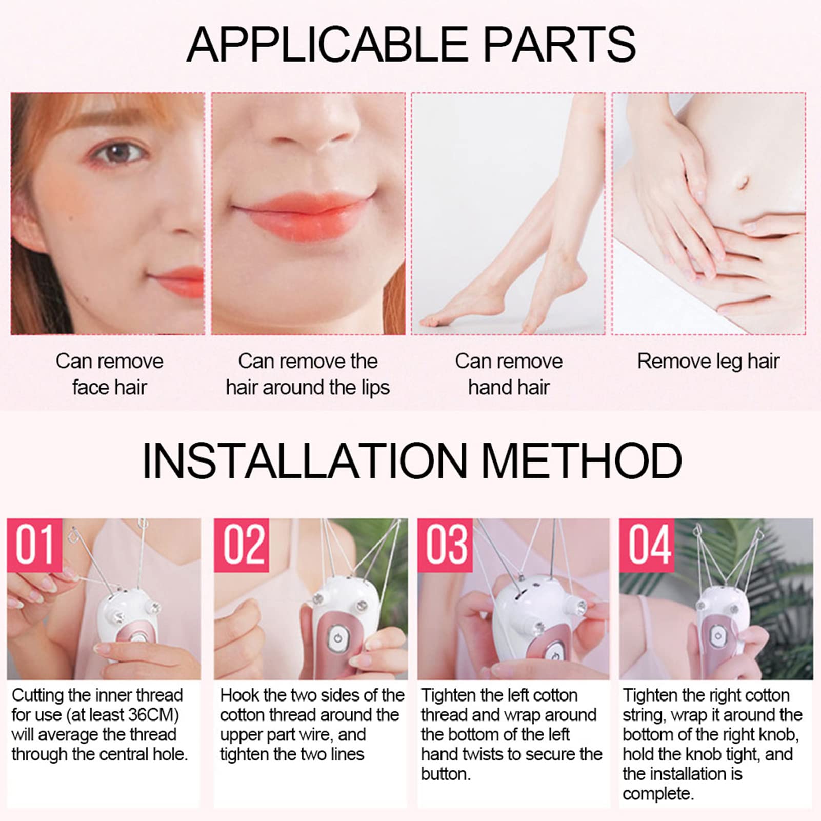 Electric Hair Remover & Epilator - USB Rechargeable Facial Threading Tool for Eyebrows, Face, Arms & Legs | Painless Hair Removal for Smooth Skin at Home | Perfect for Travel & Daily Grooming (Pink)