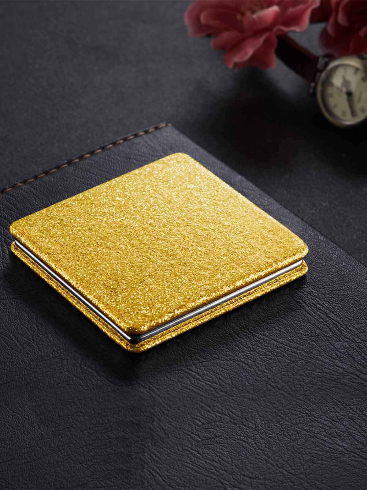 OMIRO Glitter PU Compact Mirror with 1X/3X Magnification - Ultra Portable Gold Makeup Mirror for Purse, Travel & Touch-Ups | Perfect for Home, Office & On-the-Go Beauty Essentials