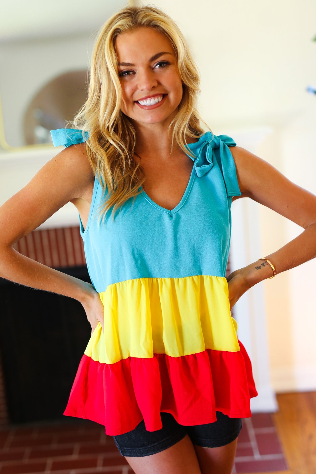 Elegant Multicolor Tiered Shoulder Tie Bow Crepe Blouse for Women | Casual & Party Wear | Perfect for Dates, Office & Special Occasions