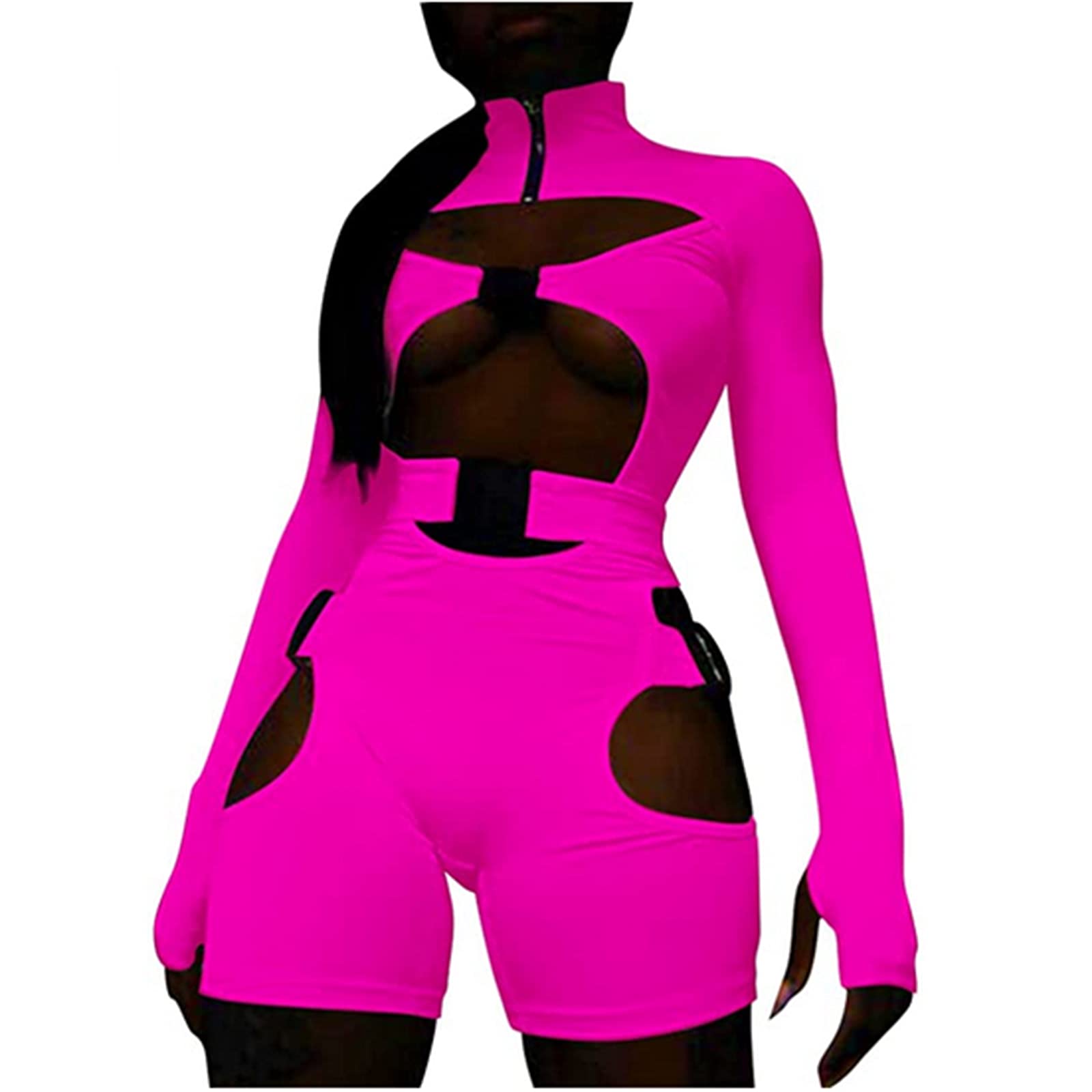 Sexy Hollow Out Jumpsuit for Women - Long Sleeve Buckle Zip Cut Out Biker Short Romper Bodysuit | Y2K Clubwear & Street Fashion Outfit for Nightclubs, Parties, and Casual Wear