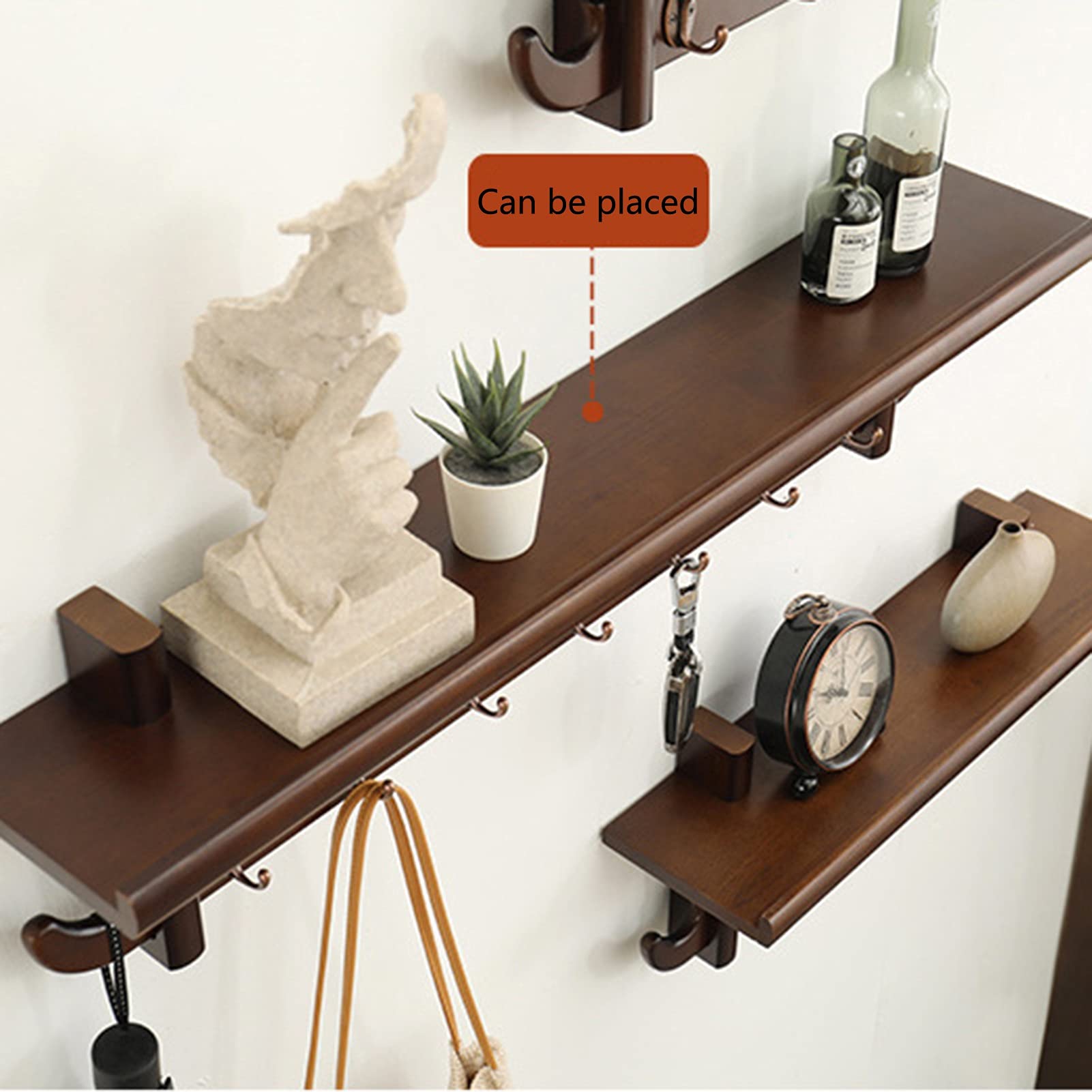 Floating Shelves with Wall Mountable Coat Rack - Heavy Duty Dual Metal Hooks for Entryway, Kitchen & Bathroom Organization (4 Hooks) - Perfect for Small Space Storage & Home Decor