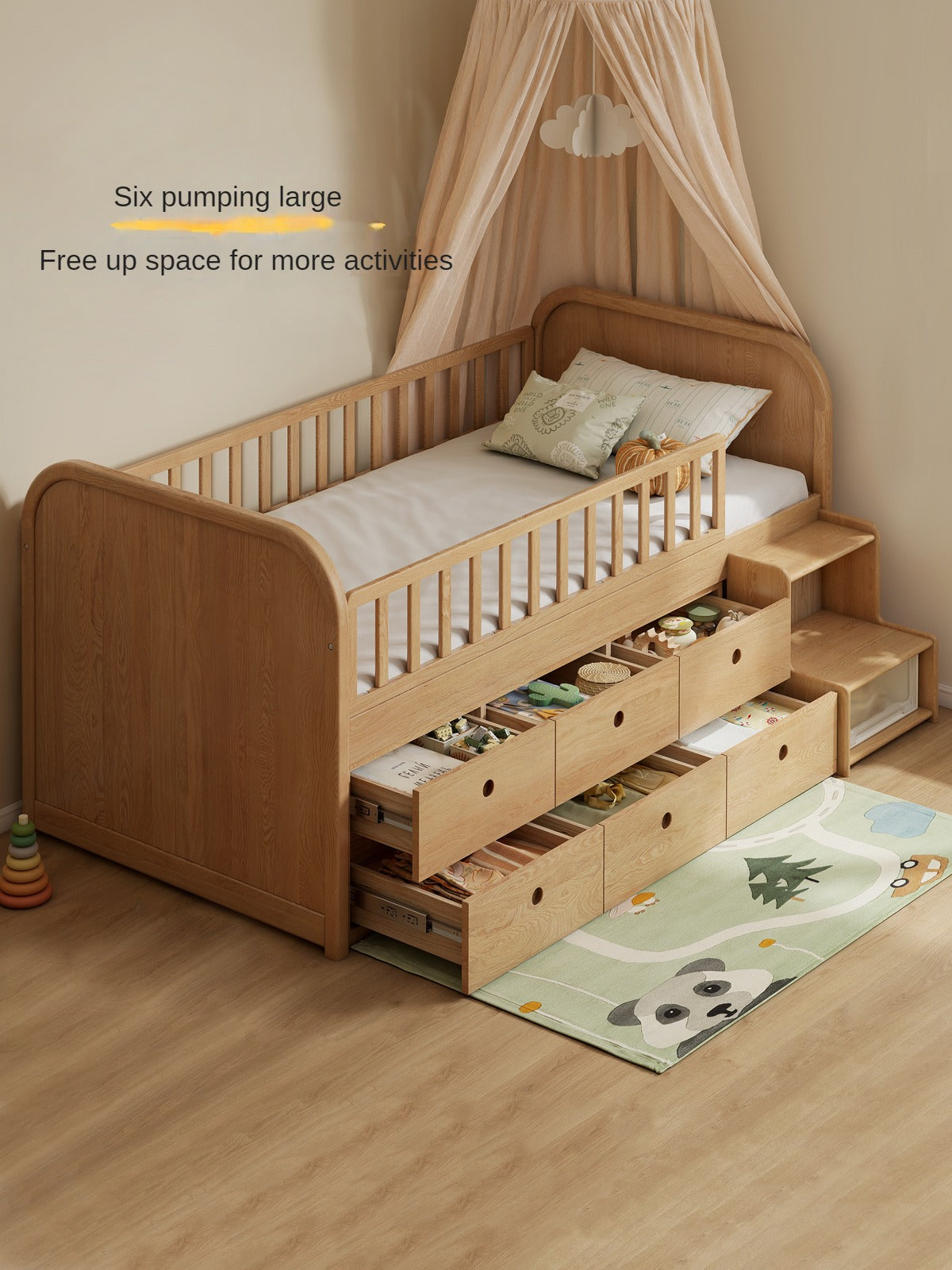 Solid Oak Wood Multi-Function Storage Bed with Wide Underbed Drawers - Perfect for Bedroom Organization & Small Space Living