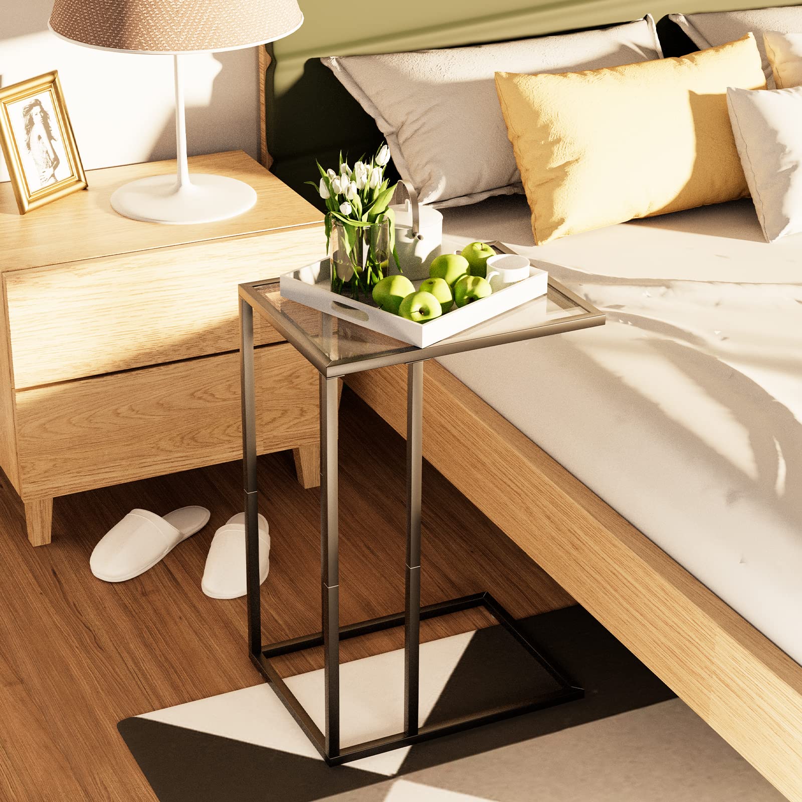 Black Tempered Glass C Table End Table - Metal Frame Snack Side Table for Couch, Sofa & Bed - Space-Saving TV Tray for Small Spaces | Perfect for Living Room, Bedroom & Home Office Use