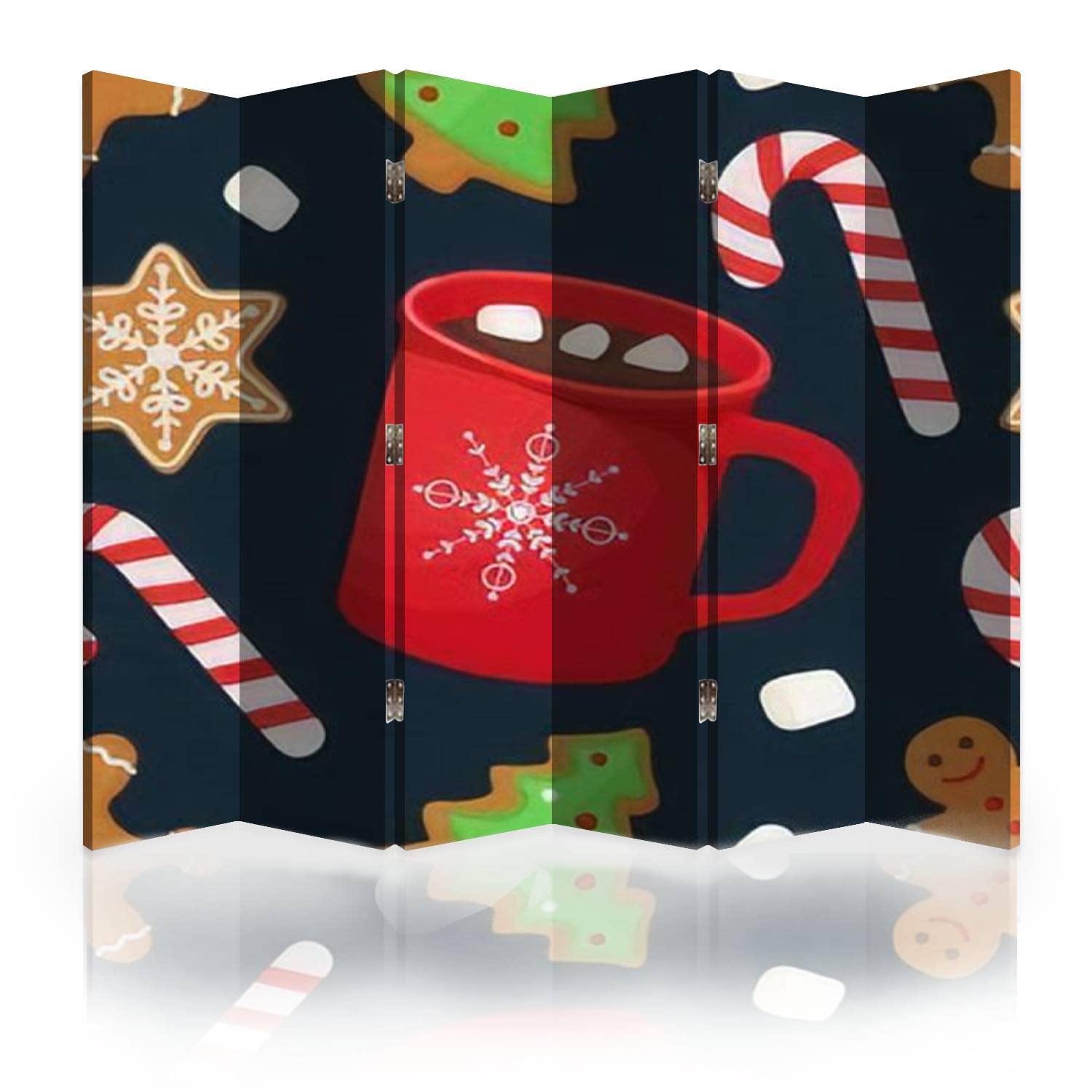 6-Panel Canvas Room Divider Screen - Christmas Seamless Pattern with Hot Chocolate, Marshmallow & Lollipop Design - Folding Privacy Partition for Bedroom, Office & Living Room