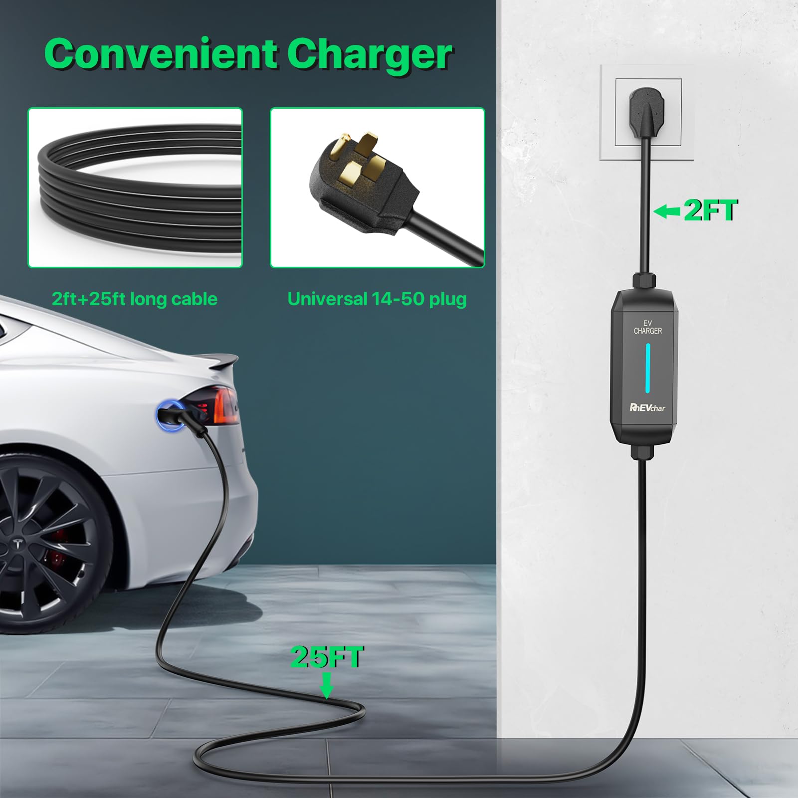 Tesla Level 2 EV Charger 32A 240V with NACS Connector & 14-50 Plug | 25ft Cable | Fast Charging for All Tesla Models & Electric Vehicles | Perfect for Home, Garage & Road Trip Charging